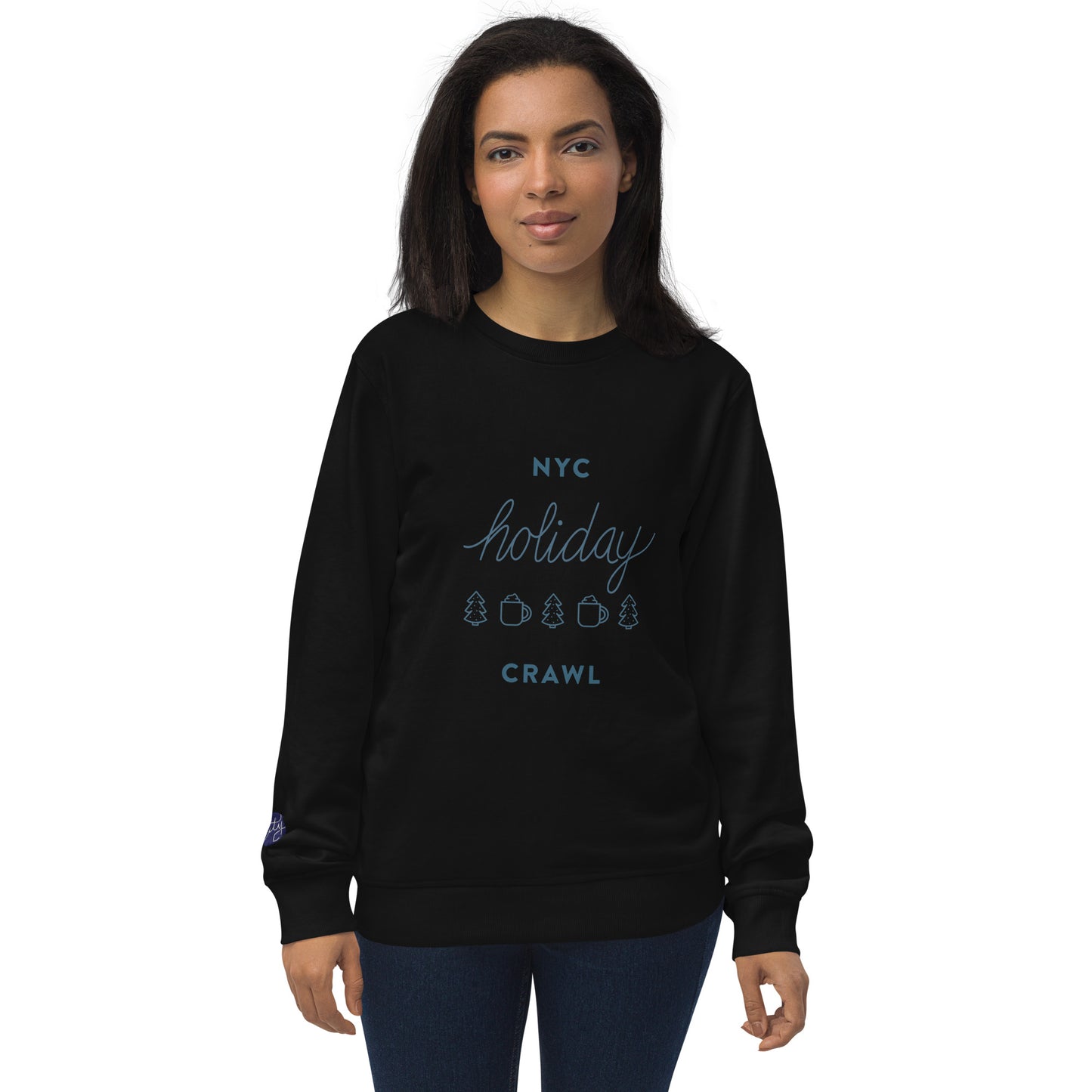 NYC holiday crawl navy design Unisex Black Crewneck Sweatshirt Adult Woman. City Crawl Adventures.