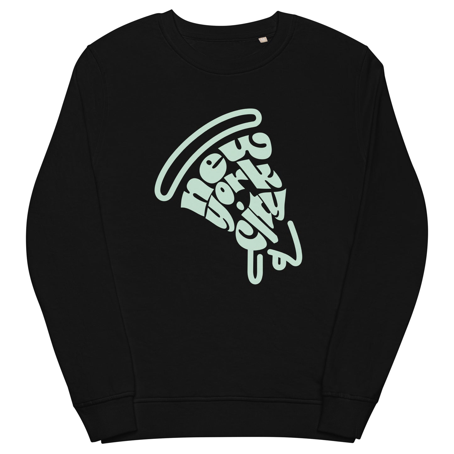 New York City Pizza Slice Unisex Crewneck Sweatshirt Black Flat Lay. City Crawl Adventures.