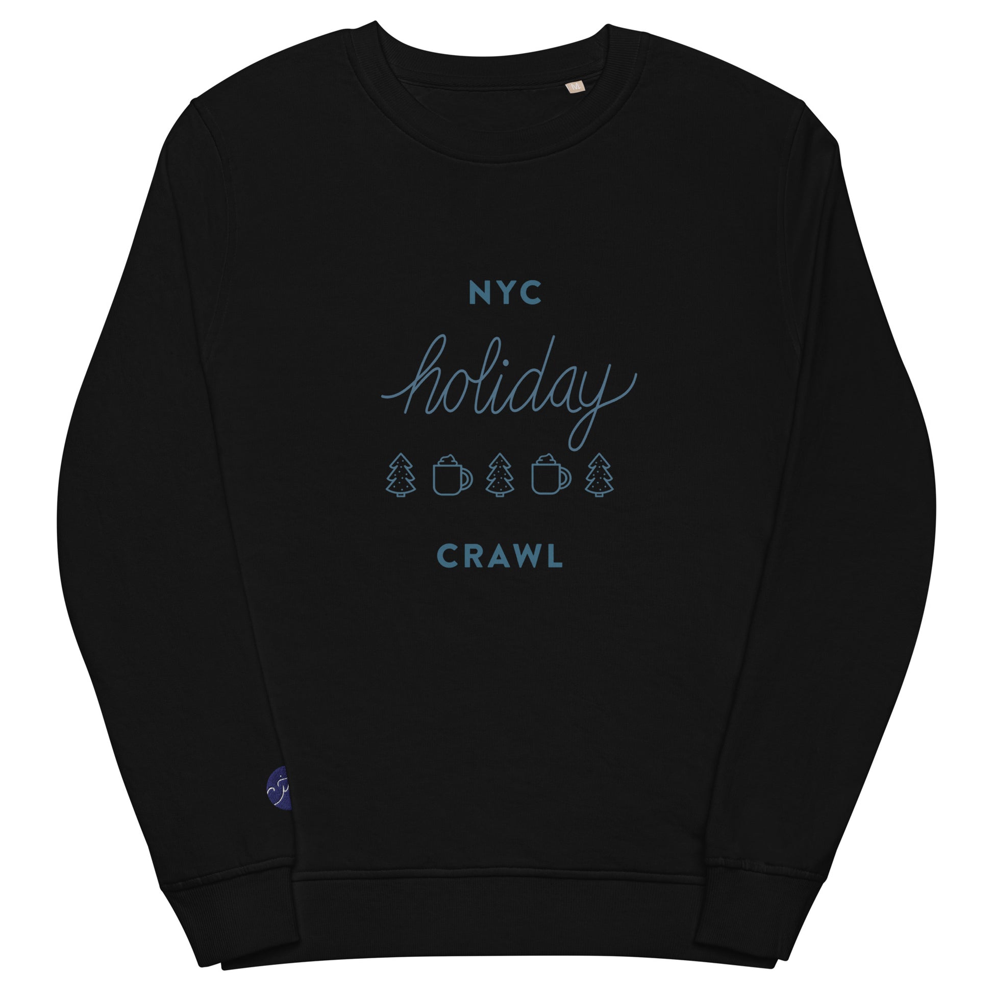 NYC holiday crawl navy design Unisex Black Crewneck Sweatshirt Flat Lay. City Crawl Adventures.