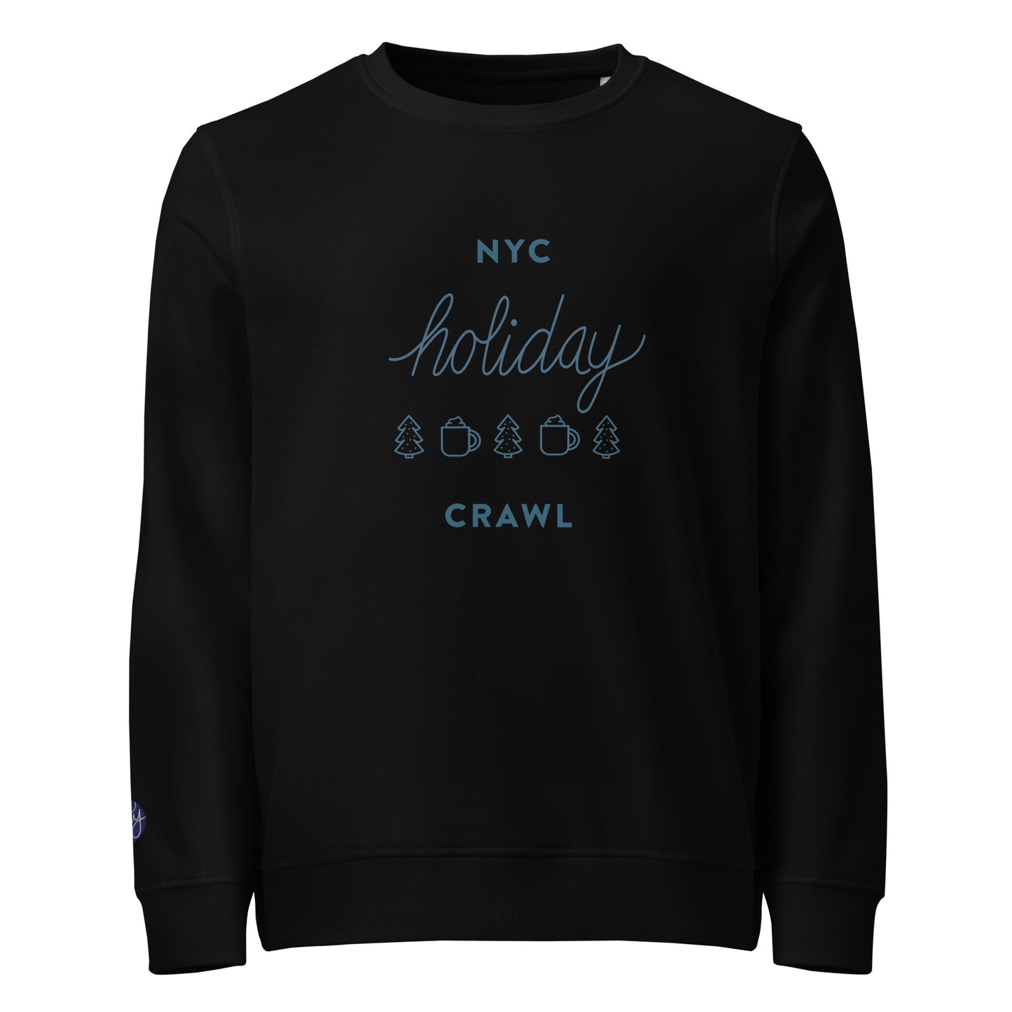 NYC holiday crawl navy design Unisex Black Crewneck Sweatshirt flat lay. City Crawl Adventures.