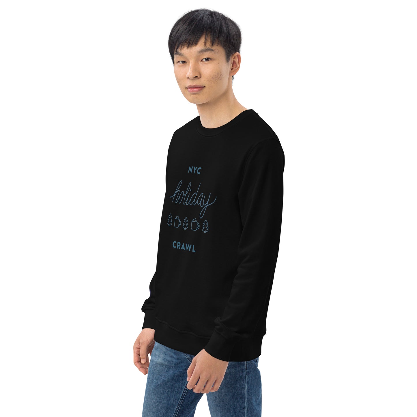 NYC holiday crawl navy design Unisex Black Crewneck Sweatshirt Adult Man Side View. City Crawl Adventures.