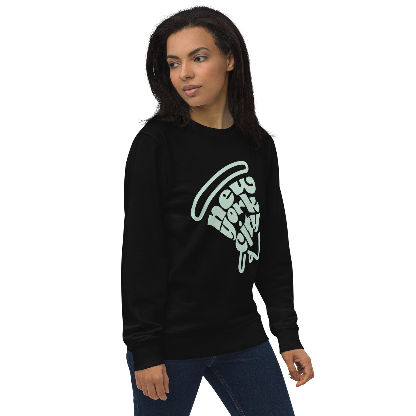 New York City Pizza Slice Unisex Crewneck Sweatshirt Black Adult Woman side view. City Crawl Adventures.