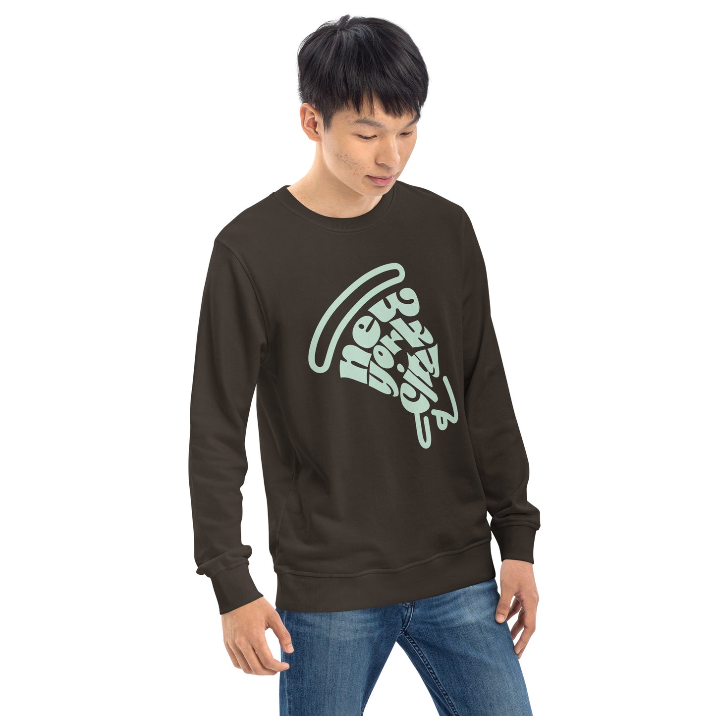 New York City Pizza Slice Unisex Crewneck Sweatshirt Charcoal Adult Man side view. City Crawl Adventures.