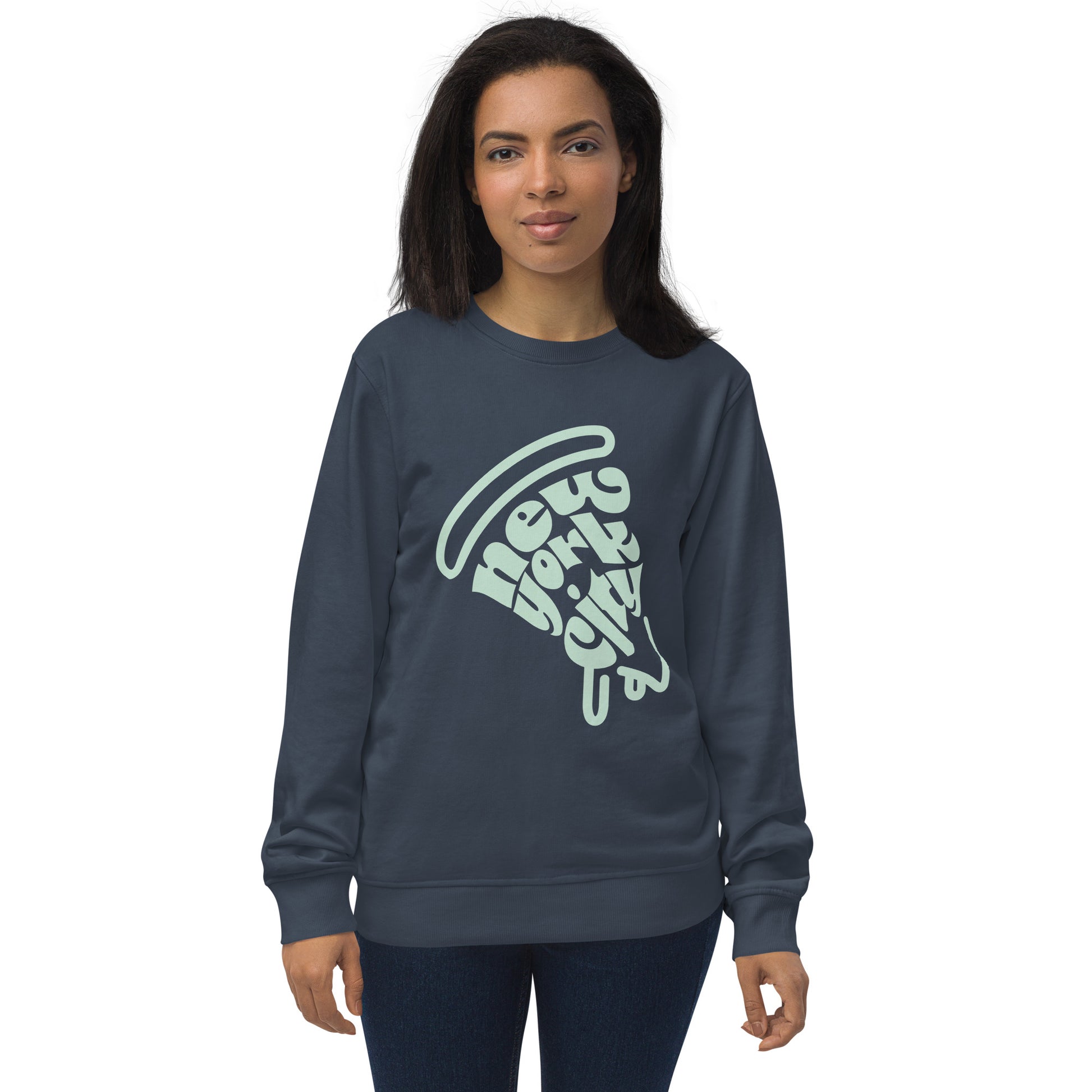 New York City Pizza Slice Unisex Crewneck Sweatshirt French Navy Adult Woman. City Crawl Adventures.