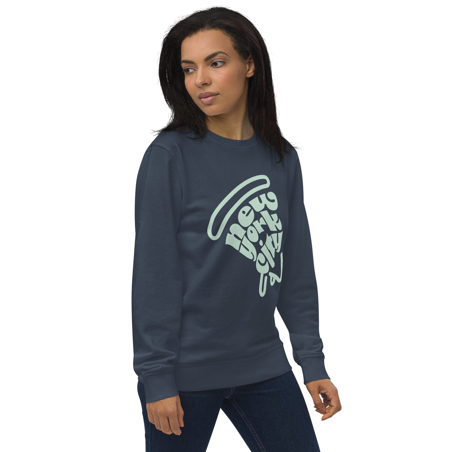 New York City Pizza Slice Unisex Crewneck Sweatshirt French Navy Adult Woman Side view. City Crawl Adventures.