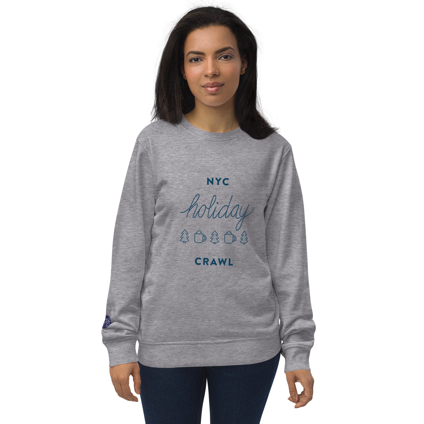 NYC holiday crawl navy design Unisex Grey Melange Crewneck Sweatshirt Adult Woman. City Crawl Adventures.