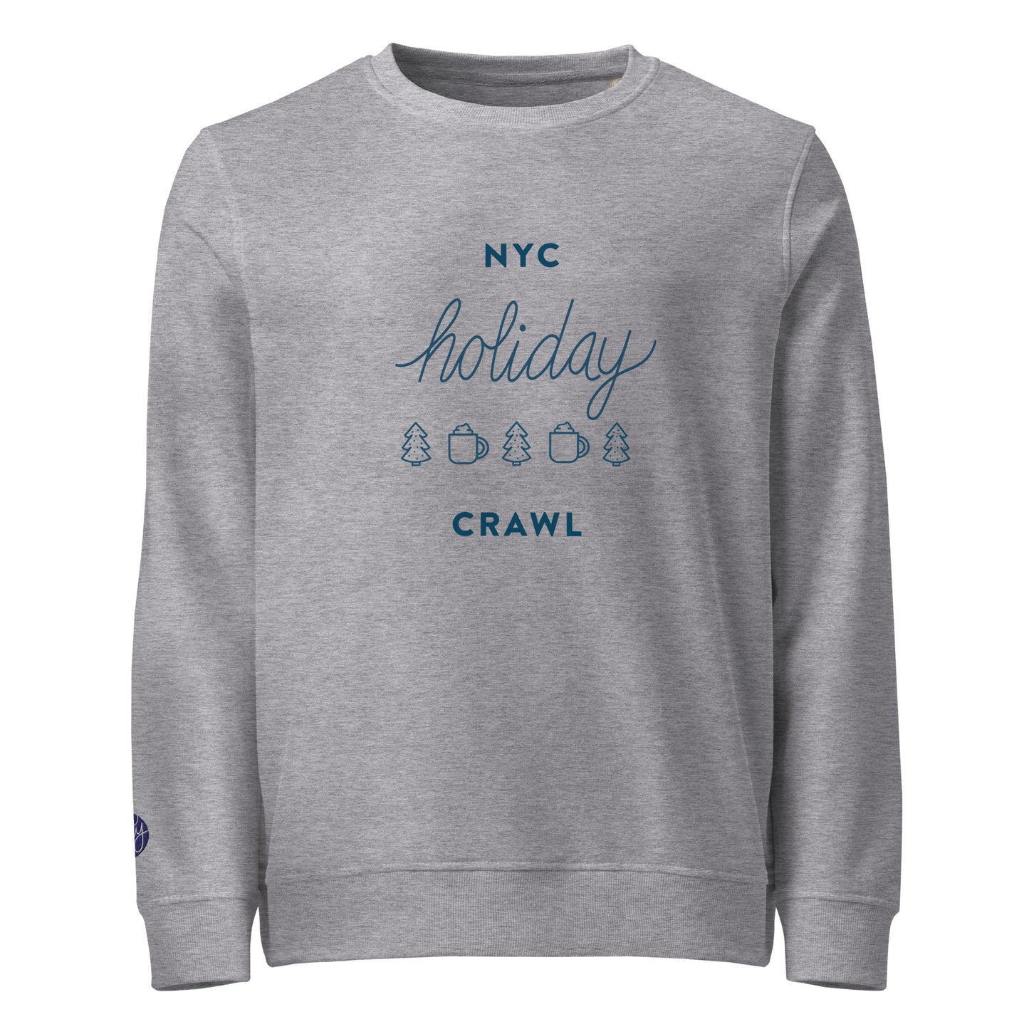 NYC holiday crawl navy design Unisex Grey Melange Crewneck Sweatshirt Flat Lay. City Crawl Adventures.