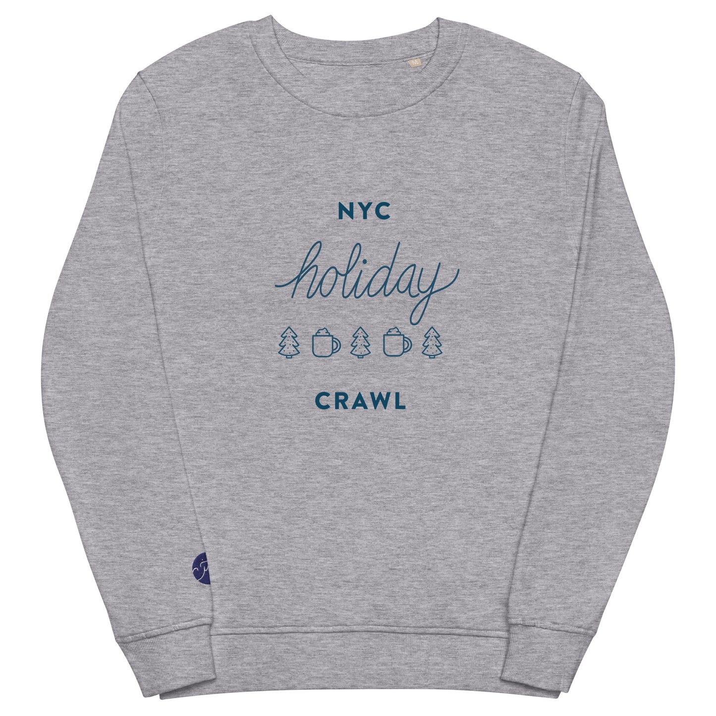 NYC holiday crawl navy design Unisex Grey Melange Crewneck Sweatshirt Full View. City Crawl Adventures.