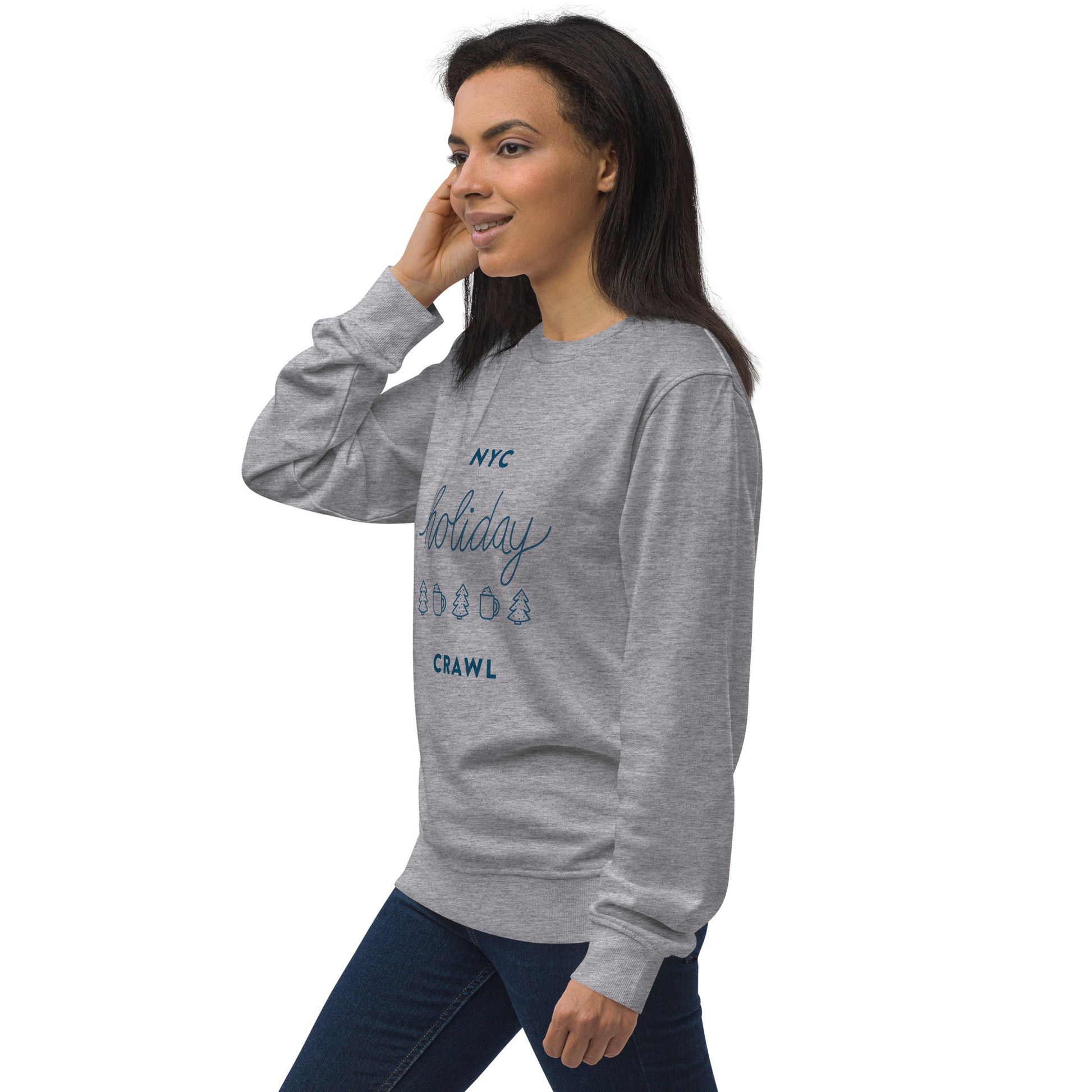 NYC holiday crawl navy design Unisex Grey Melange Crewneck Sweatshirt Adult Woman Side View. City Crawl Adventures.