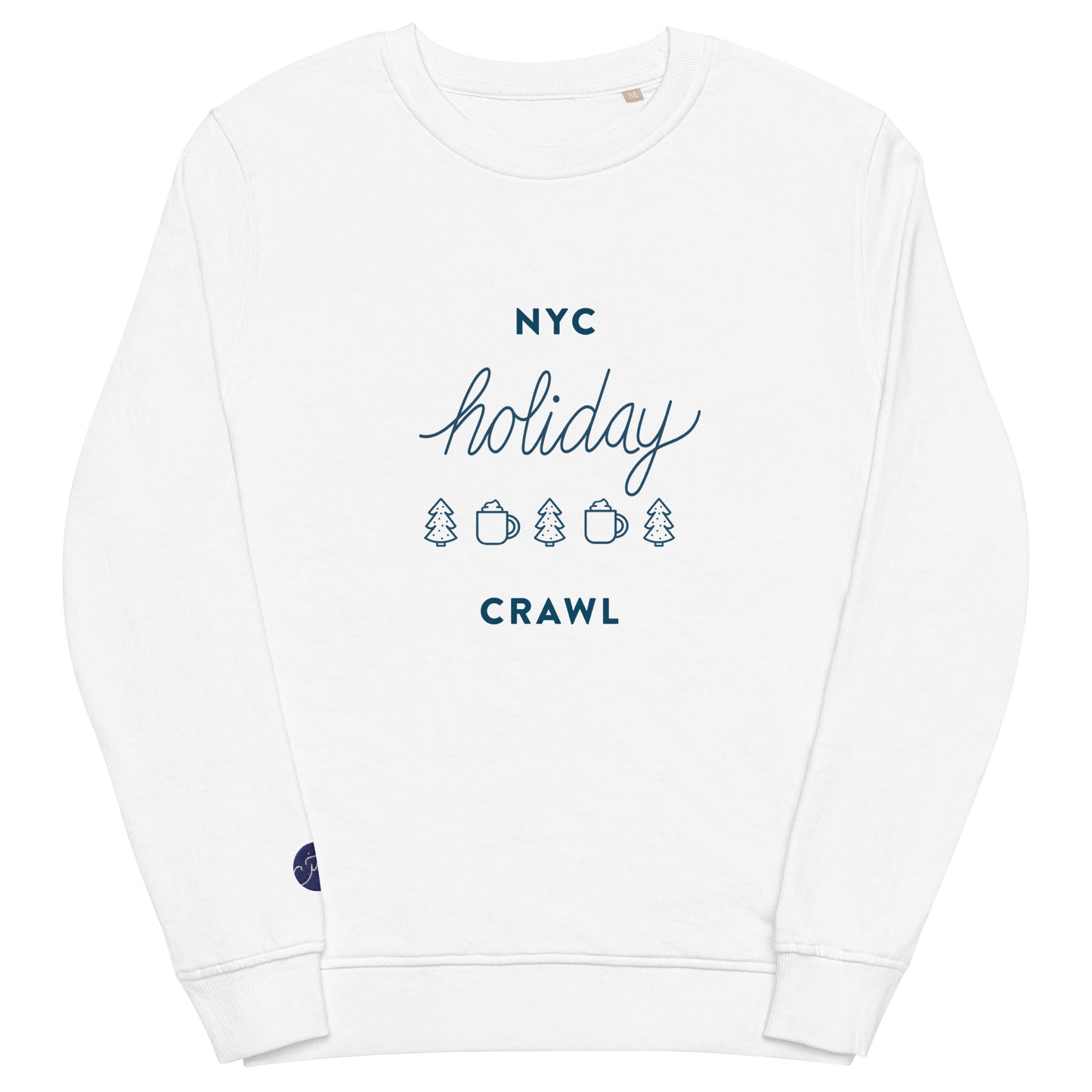 NYC holiday crawl navy design Unisex White Crewneck Sweatshirt Front View. City Crawl Adventures.