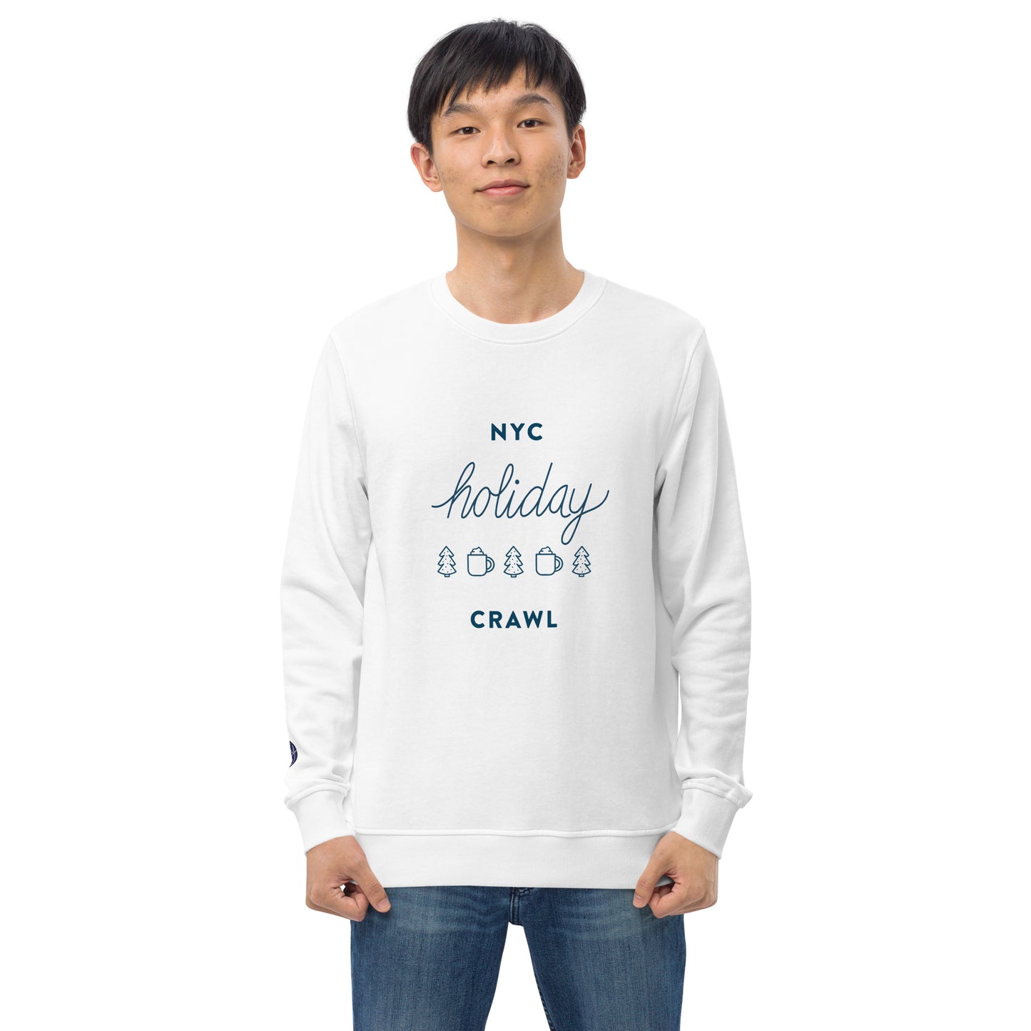 NYC holiday crawl navy design Unisex White Crewneck Sweatshirt Adult Man. City Crawl Adventures.