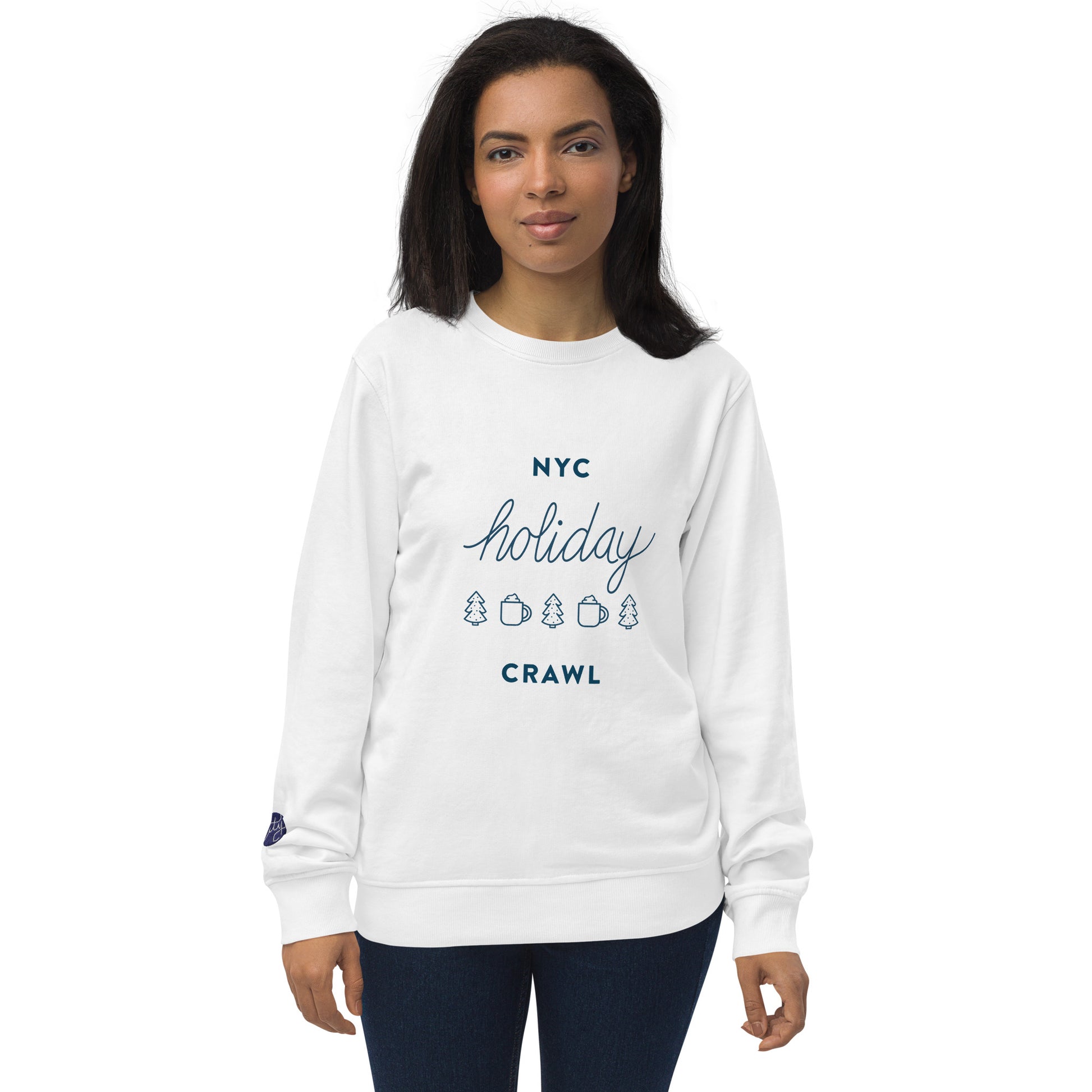 NYC holiday crawl navy design Unisex White Crewneck Sweatshirt Adult Woman. City Crawl Adventures.