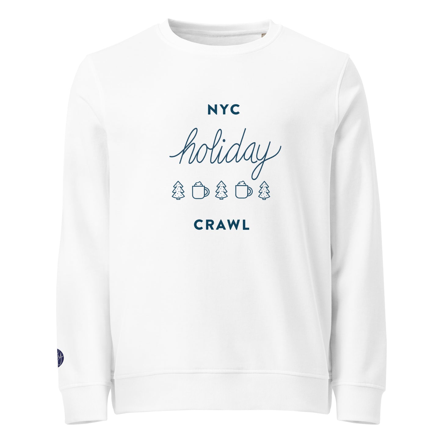 NYC holiday crawl navy design Unisex White Crewneck Sweatshirt Flat Lay. City Crawl Adventures.