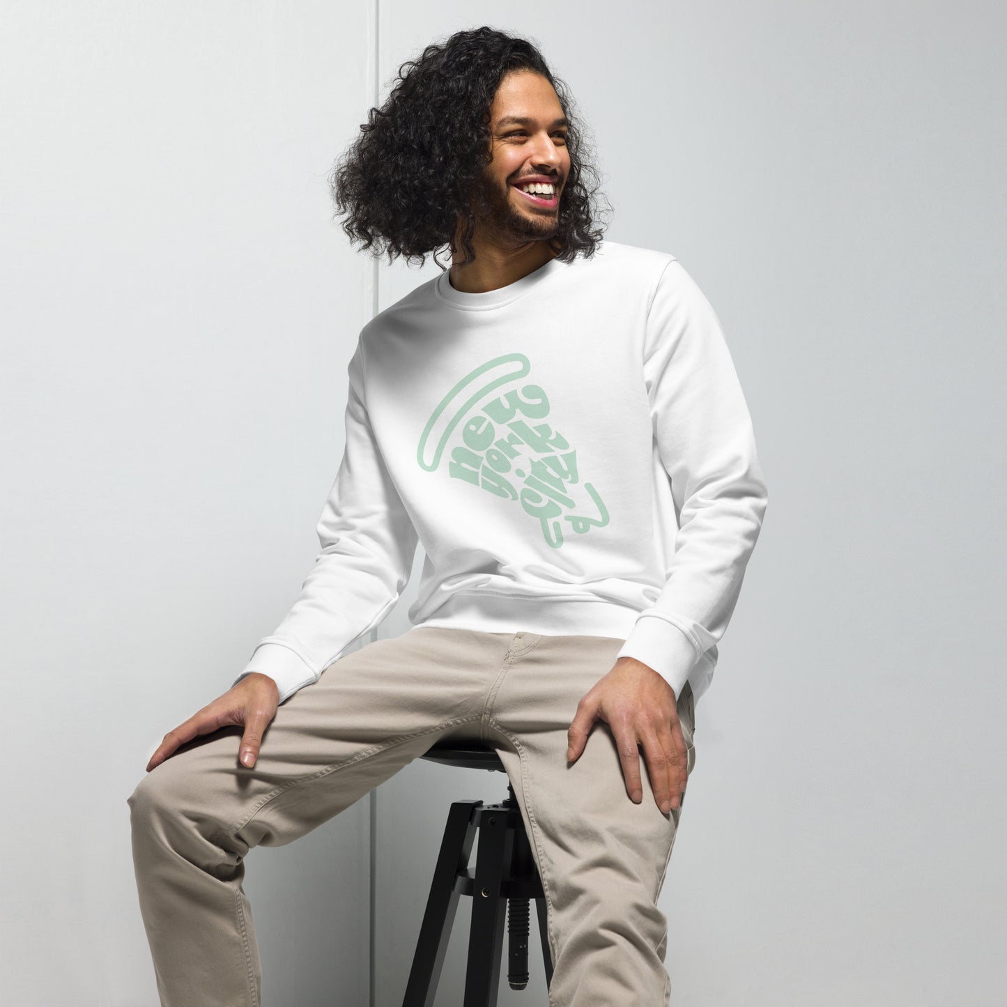 New York City Pizza Slice Unisex White Crewneck Sweatshirt Adult Man sitting. City Crawl Adventures.