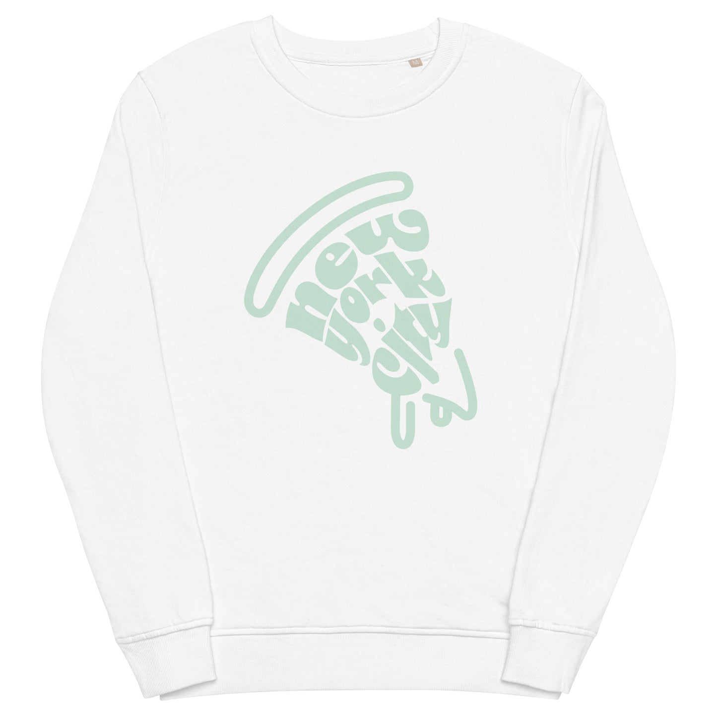 New York City Pizza Slice Unisex White Crewneck Sweatshirt Black flat lay. City Crawl Adventures.