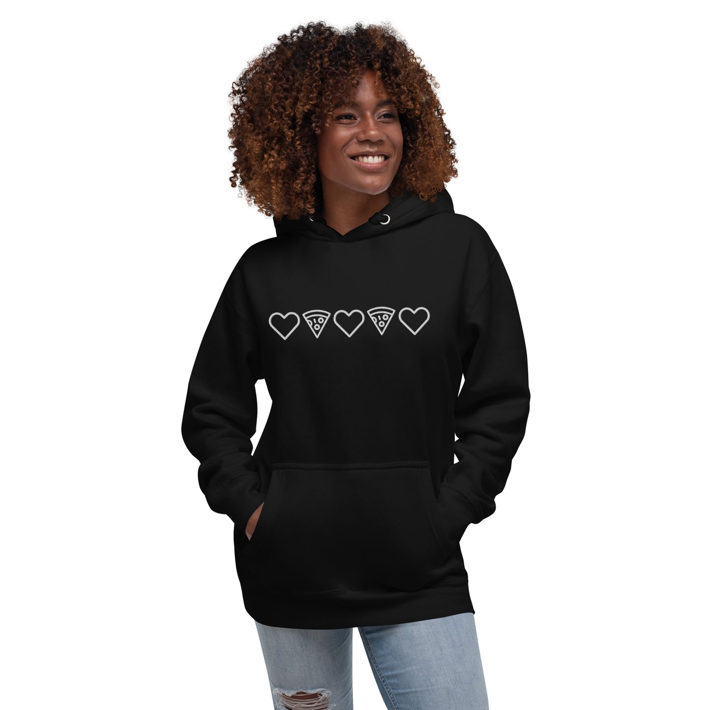 Pizza and Love White Embroidery Unisex Black Hoodie Adult Woman. City Crawl Adventures.