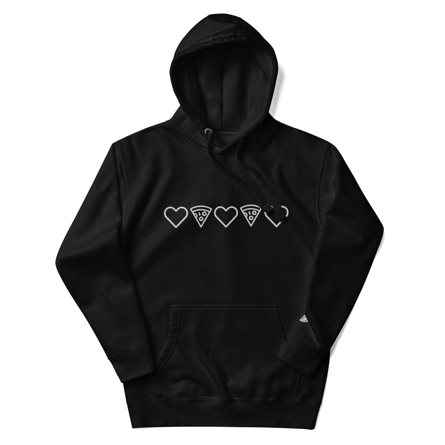 Pizza and Love White Embroidery Unisex Black Hoodie Flat Lay. City Crawl Adventures.