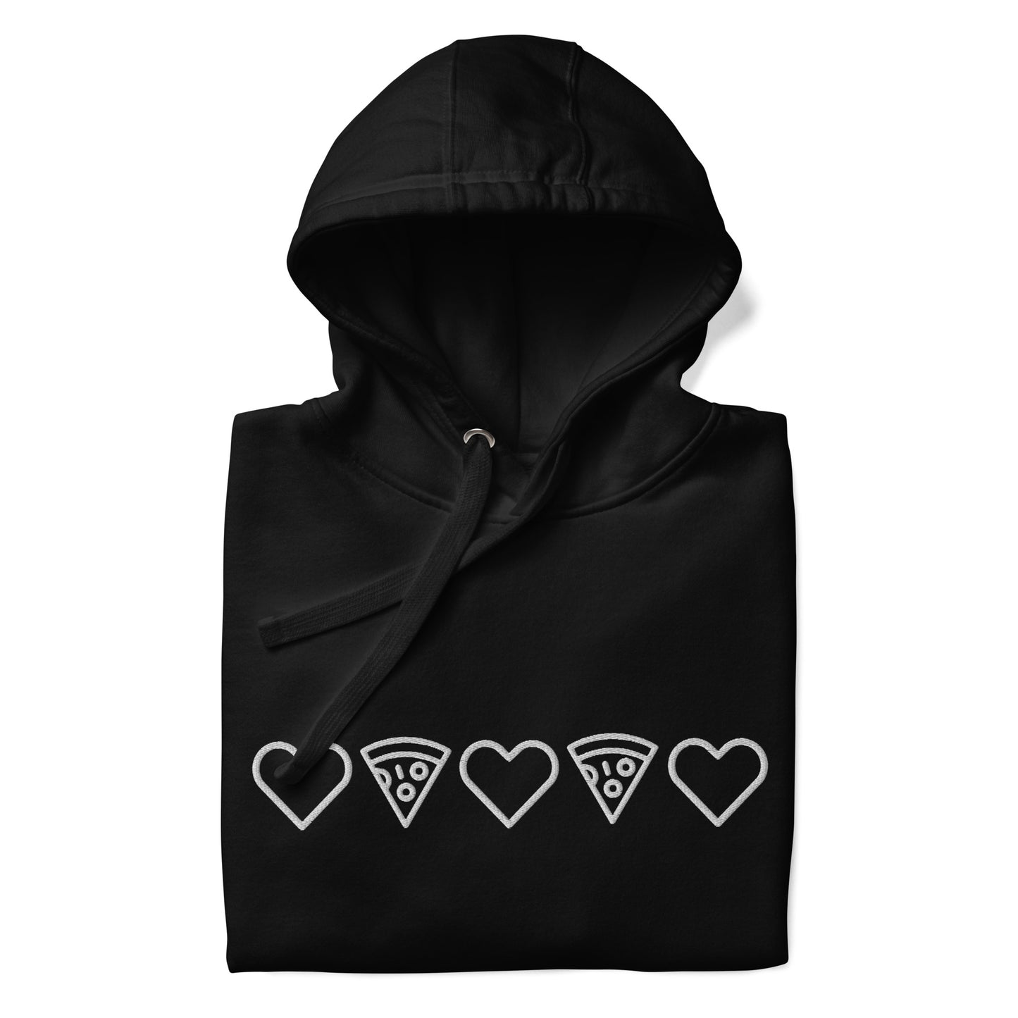 Pizza and Love White Embroidery Unisex Black Hoodie Folded. City Crawl Adventures.