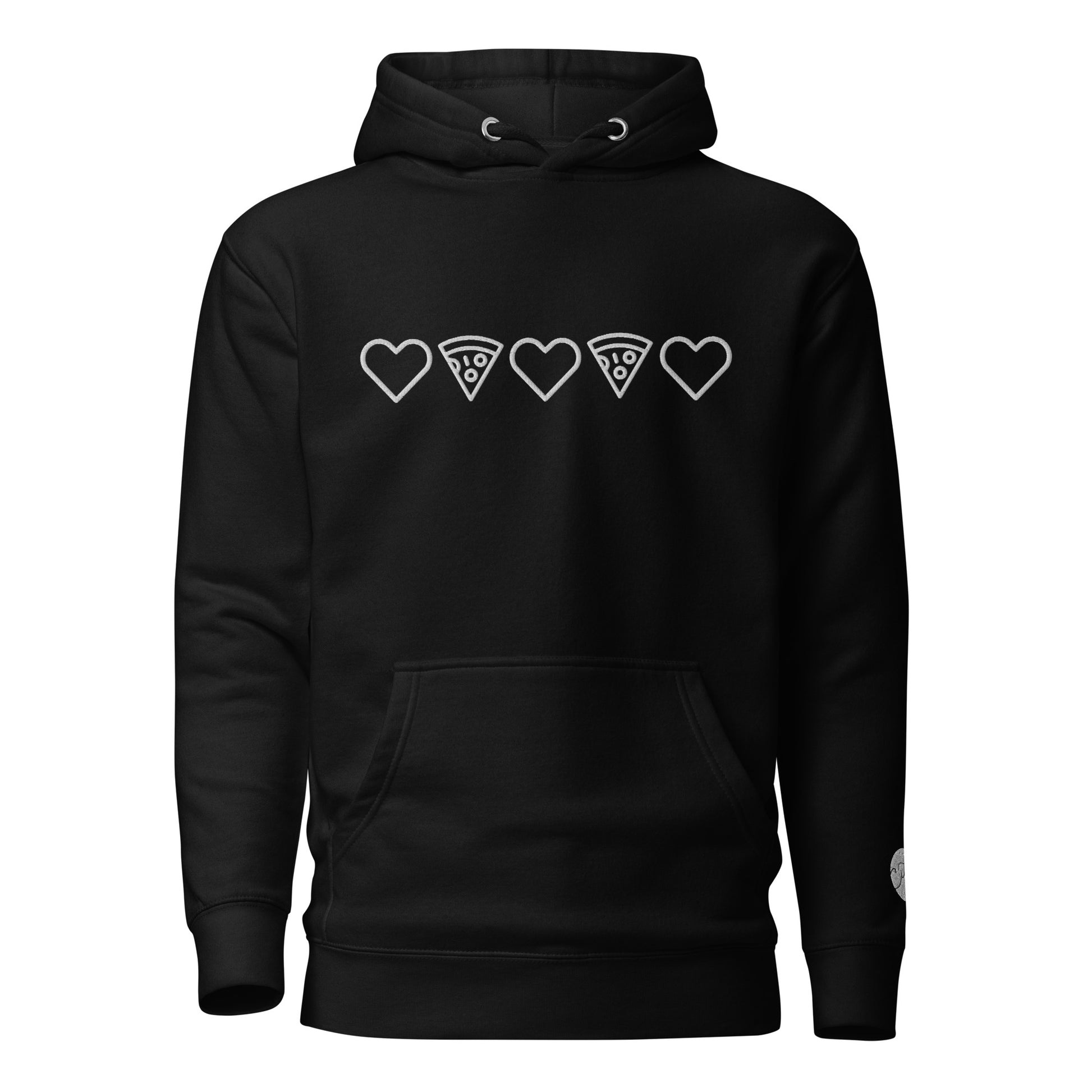 Pizza and Love White Embroidery Unisex Black Hoodie Full View. City Crawl Adventures.