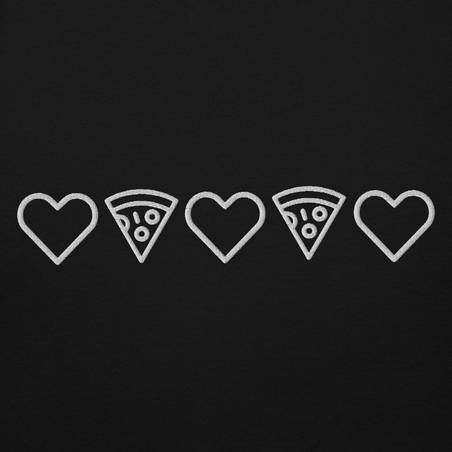 Pizza and Love White Embroidery Unisex Black Hoodie Zoom In. City Crawl Adventures.