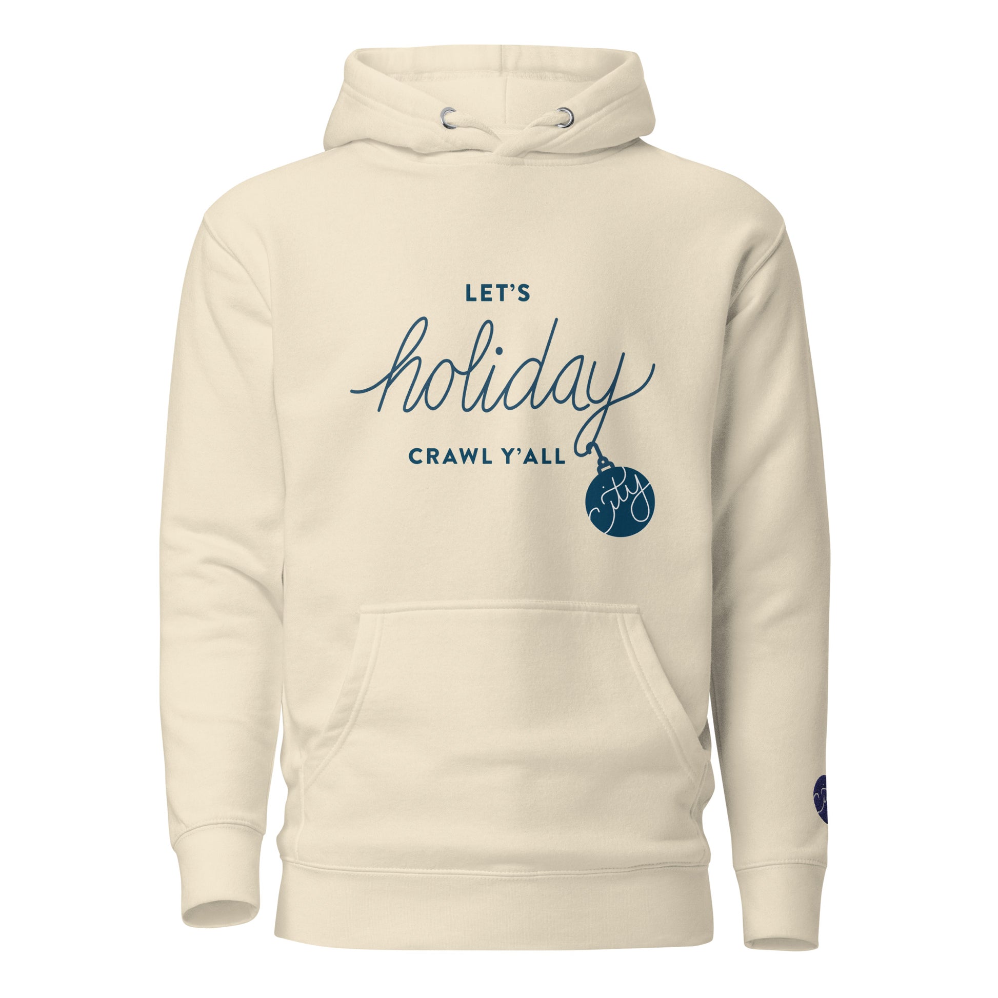 Let's Holiday Crawl Y'all Unisex Bone Hoodie Front View. City Crawl Adventures.