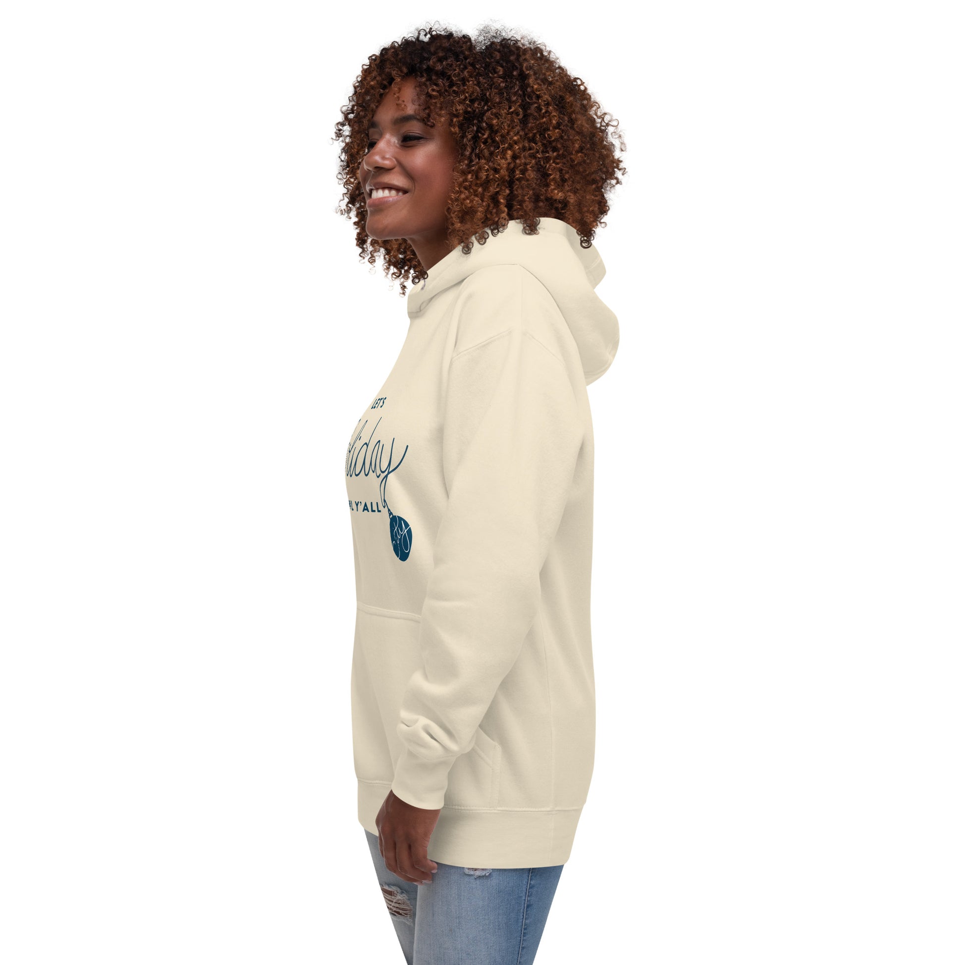 Let's Holiday Crawl Y'all Unisex Bone Hoodie Side View Adult Woman. City Crawl Adventures.