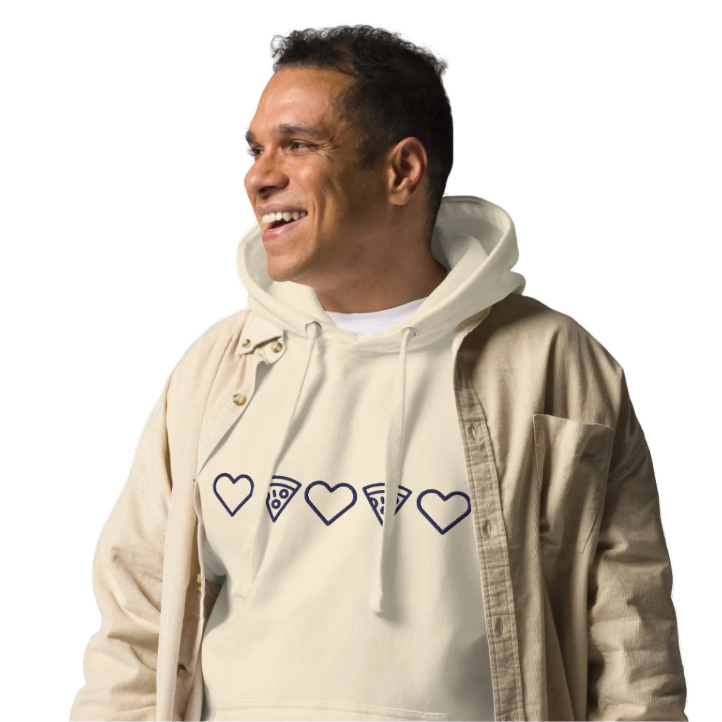 Navy Embroidery Pizza Love Bone Hoodie.  Adult Male Lifestyle. City Crawl Adventures.