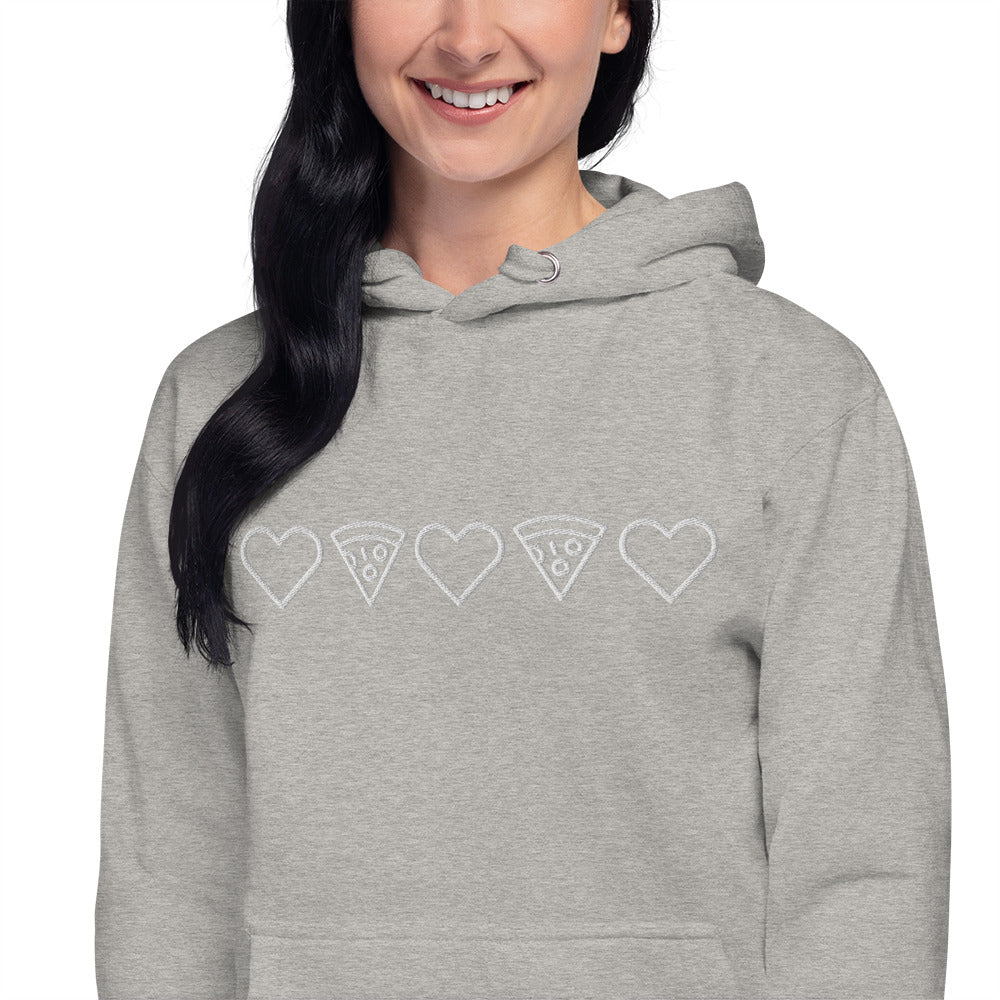 Pizza and Love White Embroidery Unisex Carbon Gray Hoodie Adult Woman. City Crawl Adventures.