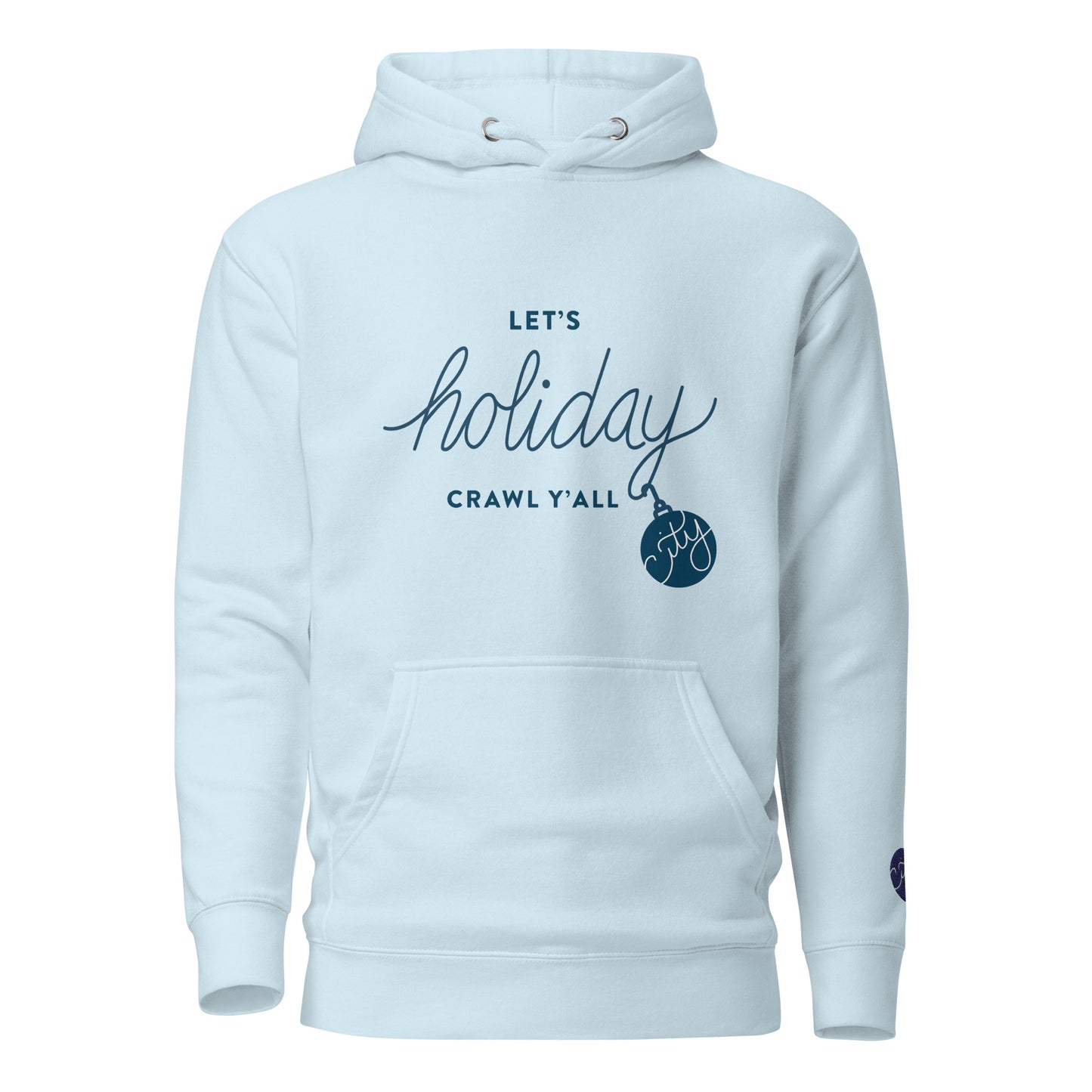 Let's Holiday Crawl Y'all Unisex Hoodie Sky Blue Product Image. City Crawl Adventures.