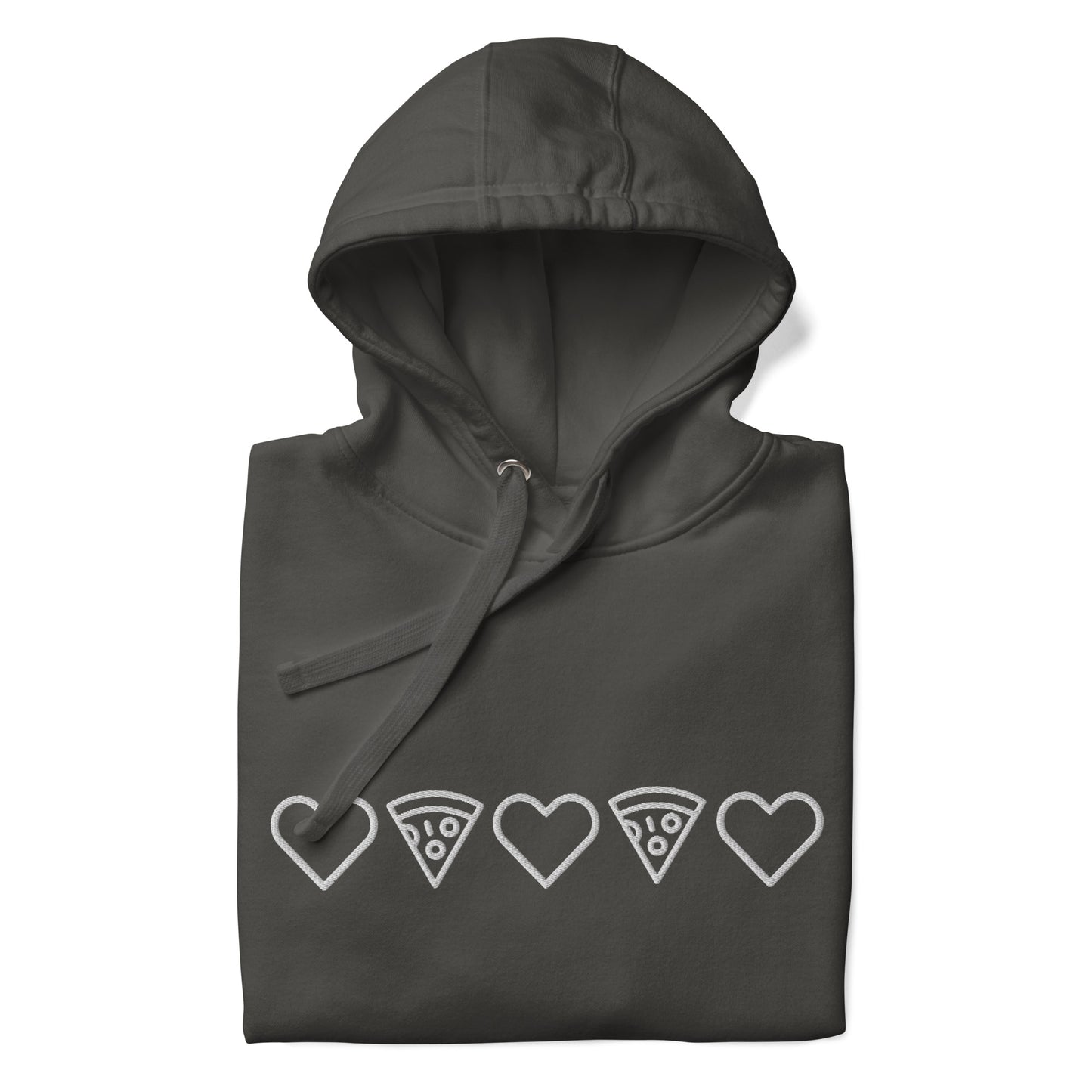 Pizza and Love White Embroidery Unisex Vintage Black Hoodie folded. City Crawl Adventures.