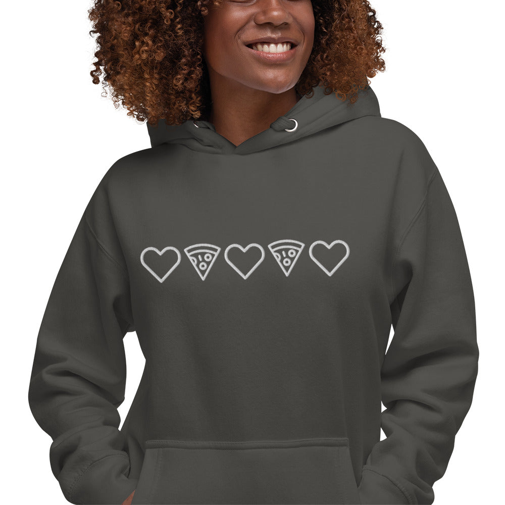 Pizza and Love White Embroidery Unisex Vintage Black Hoodie Adult Woman Zoomed In. City Crawl Adventures.