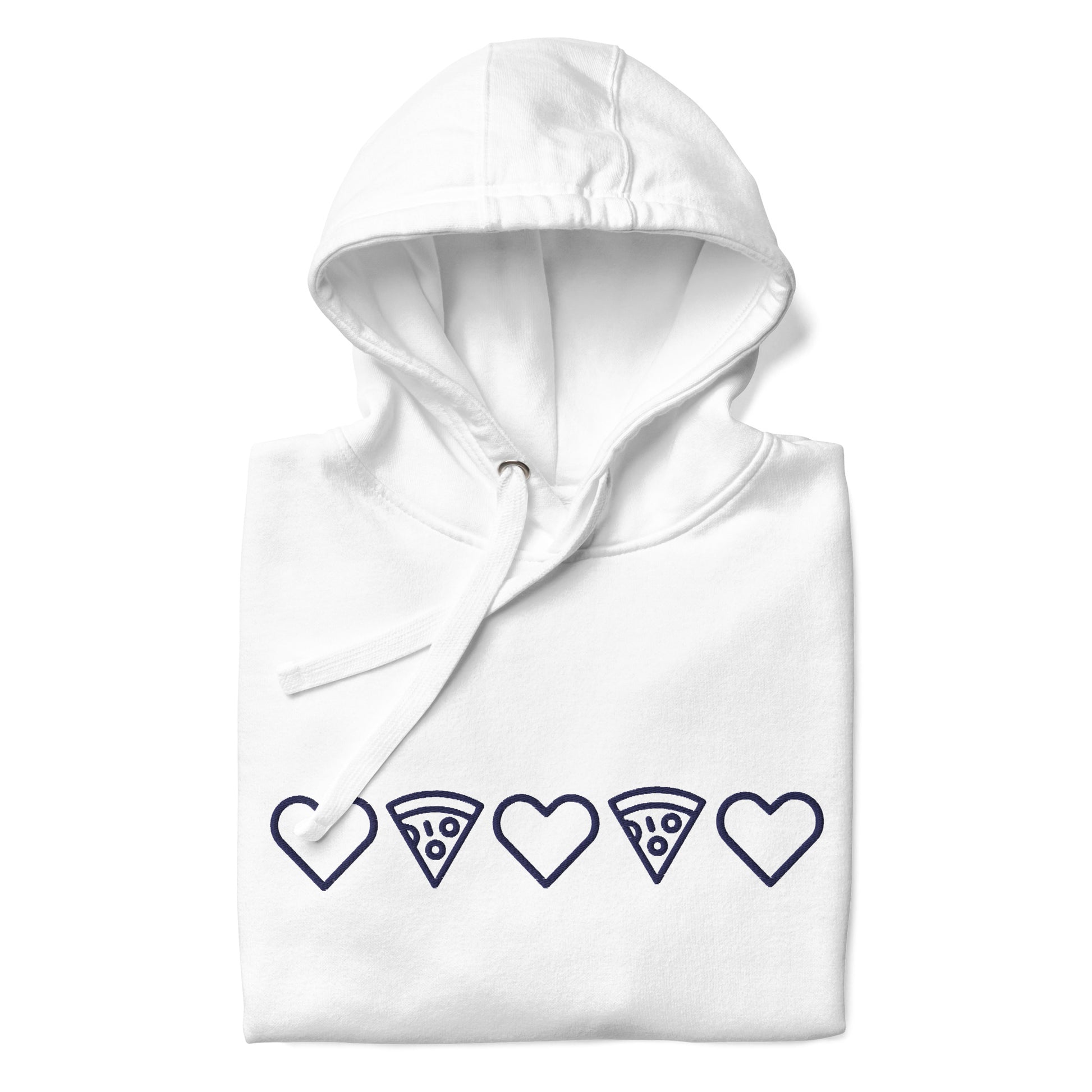 Navy Embroidery Pizza Love White Hoodie Folded. City Crawl Adventures.