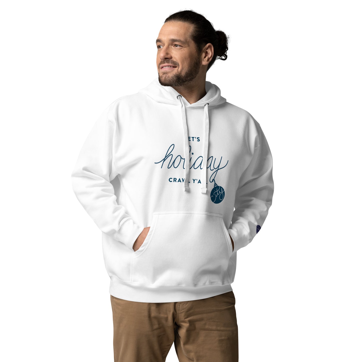 Let's Holiday Crawl Y'all Unisex White Hoodie Adult Male Side View. City Crawl Adventures.