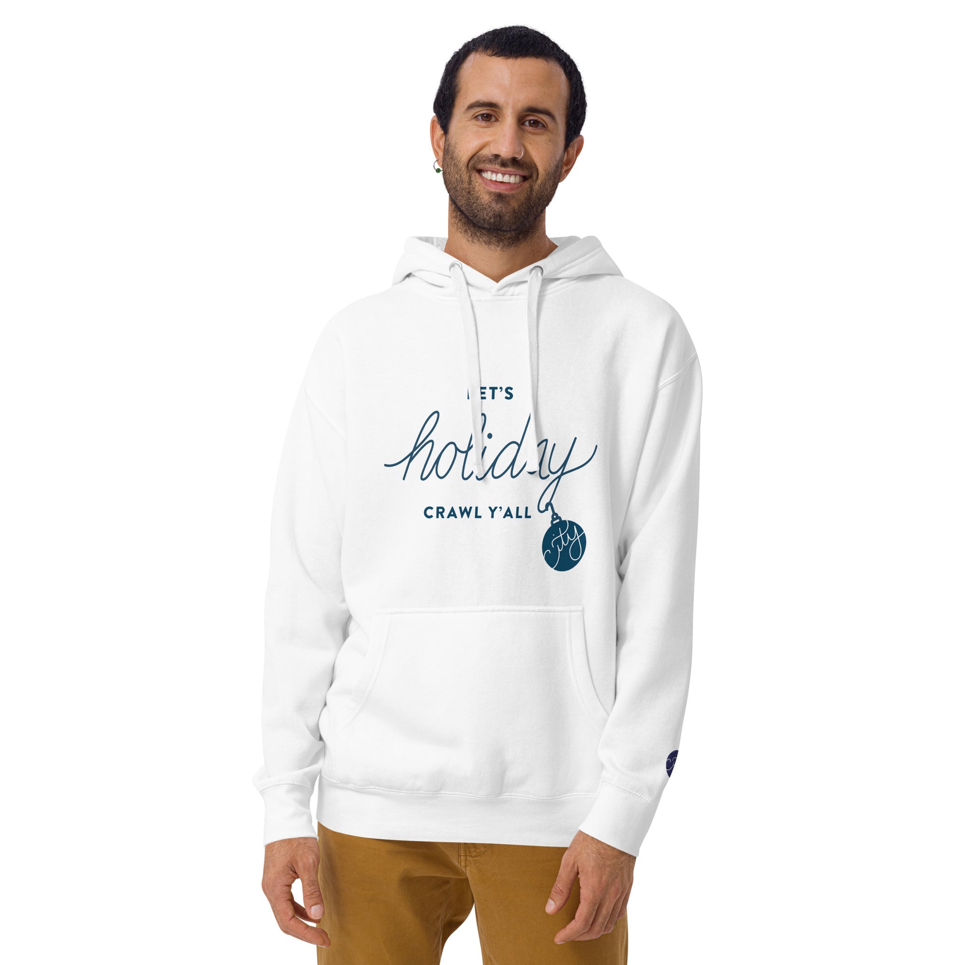 Let's Holiday Crawl Y'all Unisex White Hoodie Adult Male. City Crawl Adventures.