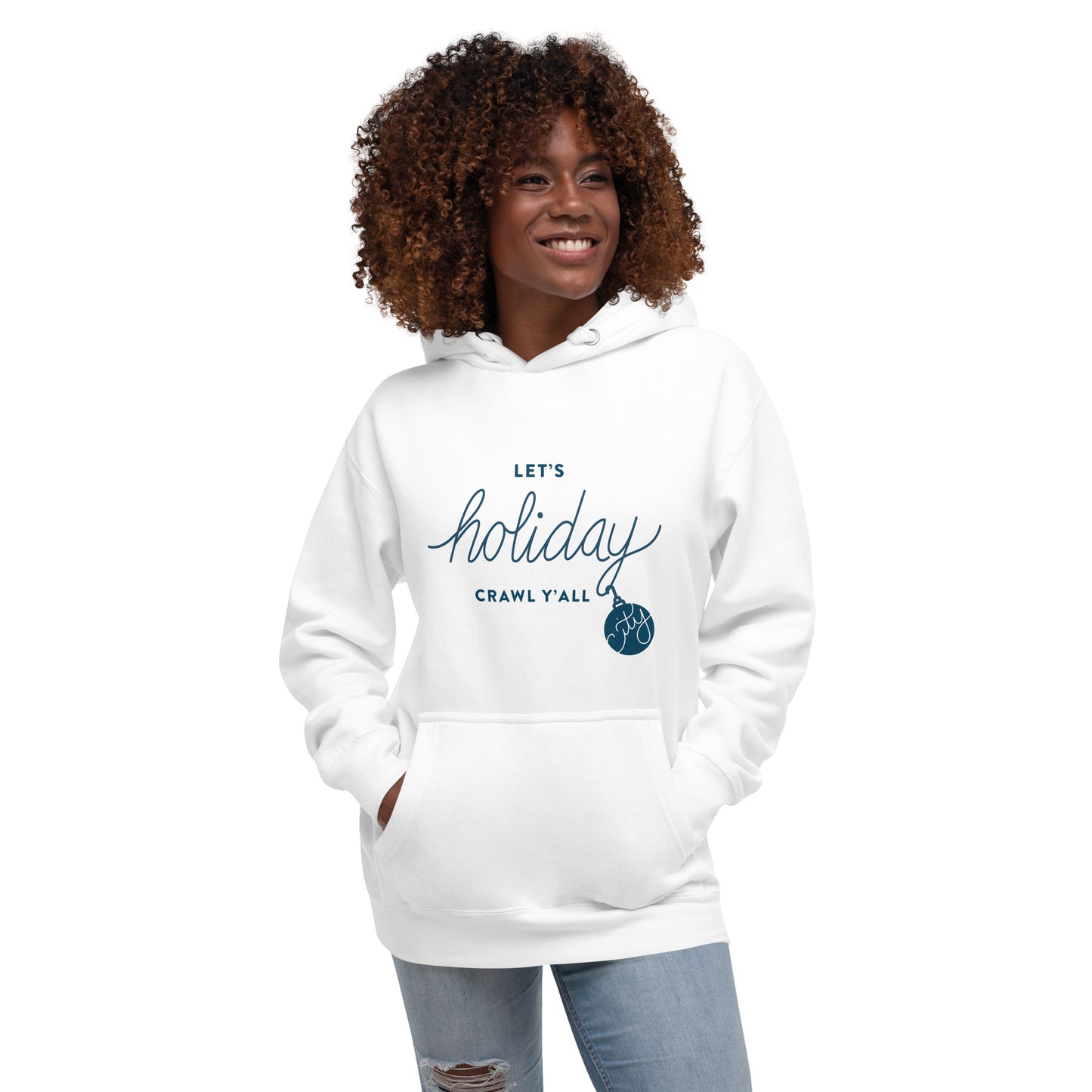 Let's Holiday Crawl Y'all Unisex White Hoodie Adult Woman Side View. City Crawl Adventures.