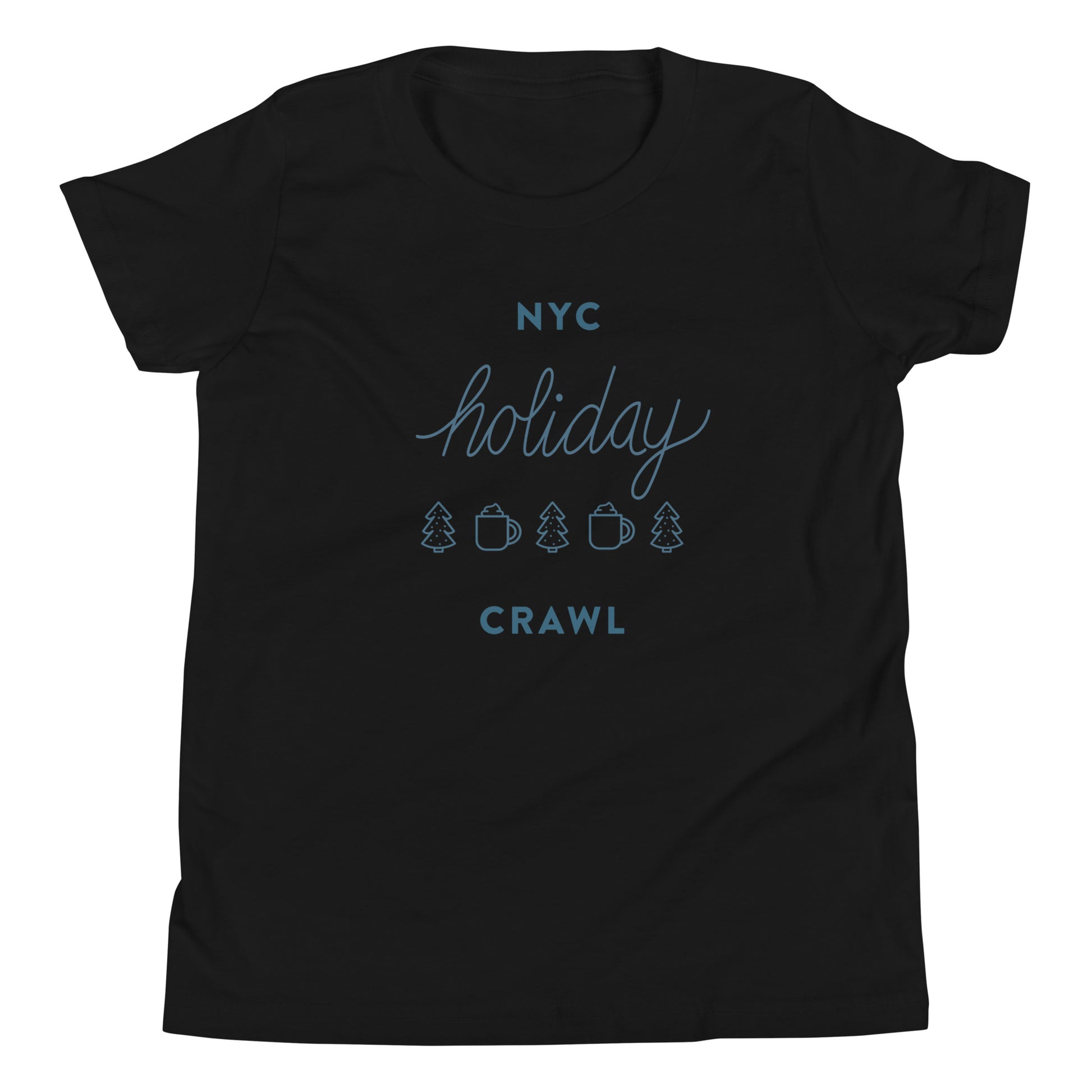 YC holiday crawl Black Unisex kids tshirt - flat lay. City Crawl Adventures.