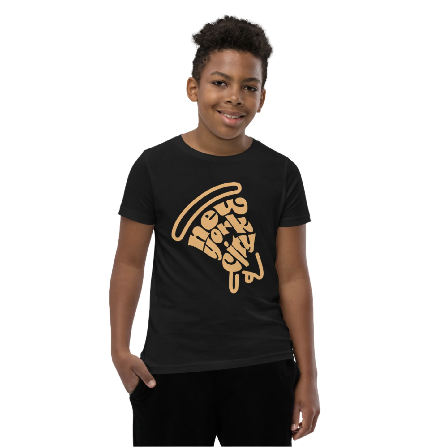 New York City Pizza Slice Orange Black Unisex kids tshirt - boys. City Crawl Adventures.