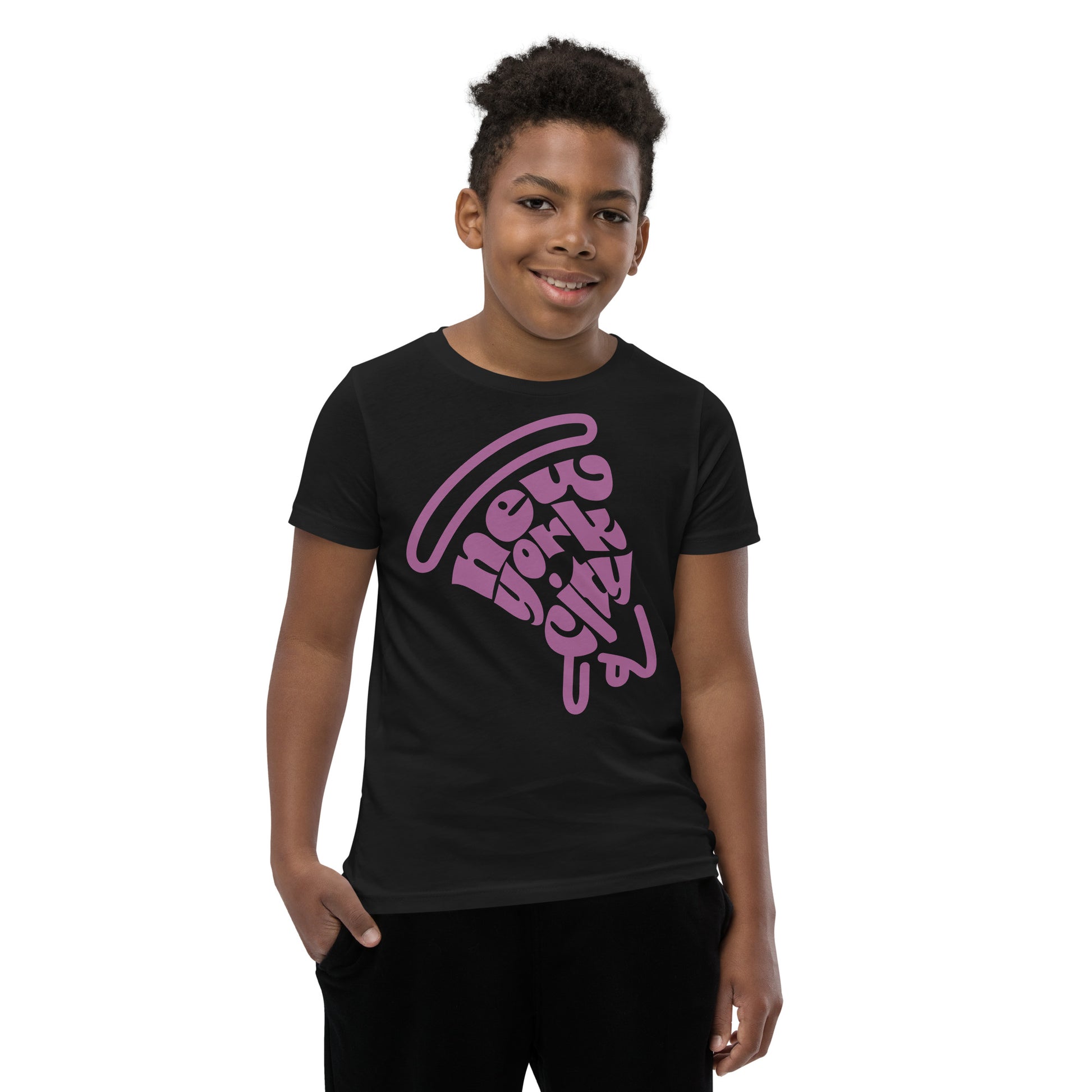 New York City Pizza Slice Purple Black Unisex kids tshirt - boys. City Crawl Adventures.