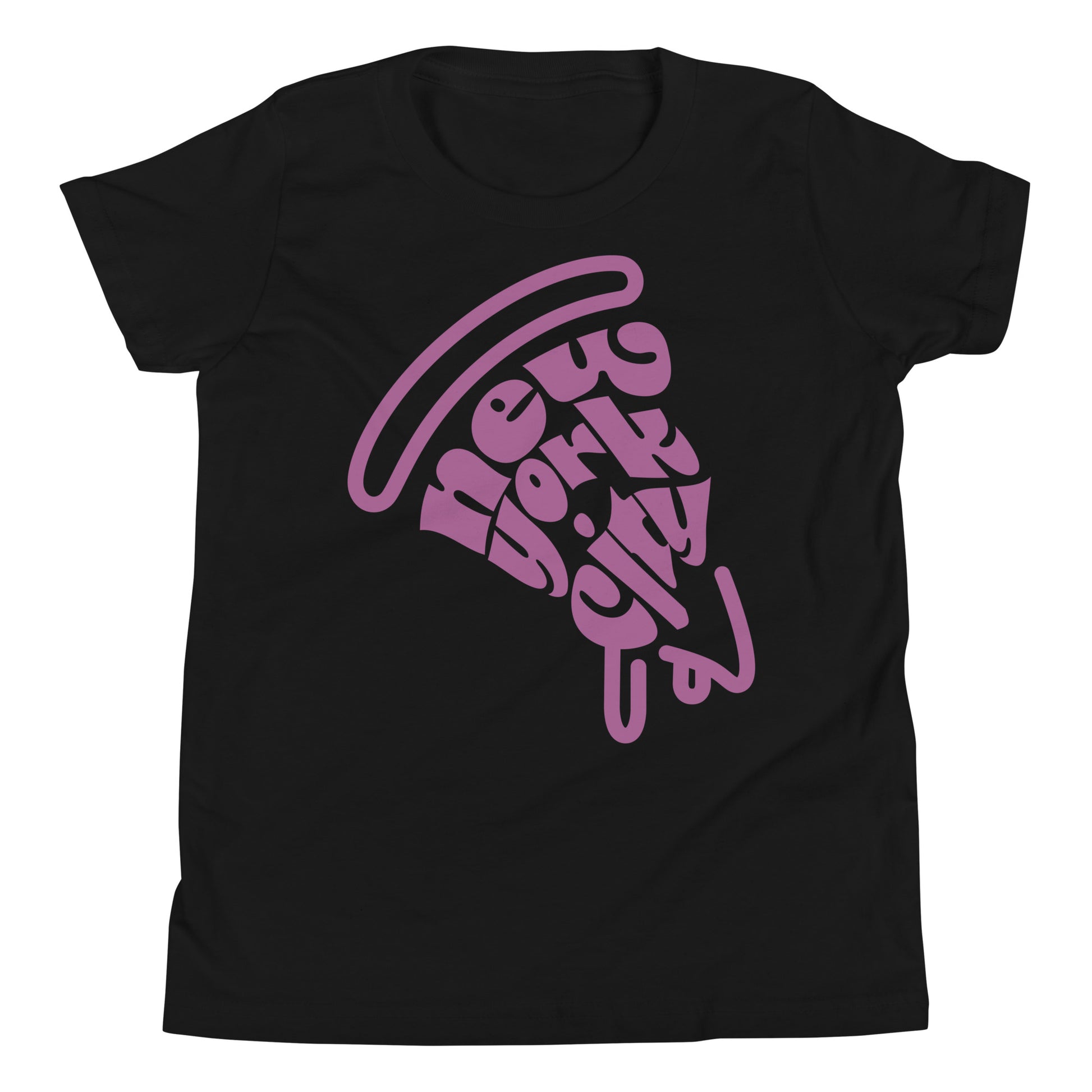 New York City Pizza Slice Purple Black Unisex kids tshirt - flat lay. City Crawl Adventures.