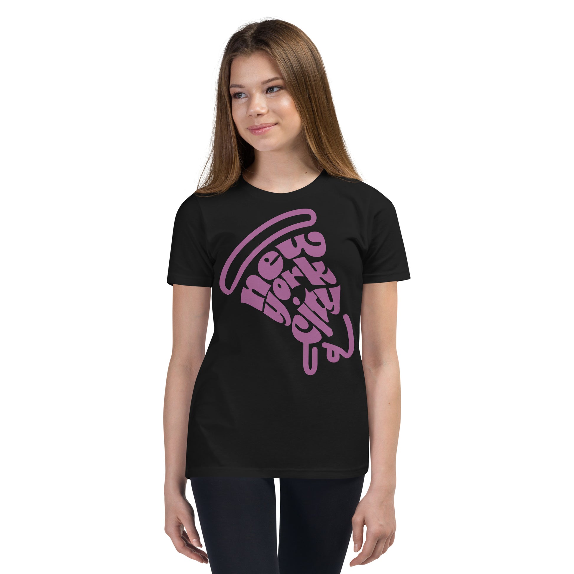 New York City Pizza Slice Purple Black Unisex kids tshirt - girls. City Crawl Adventures.