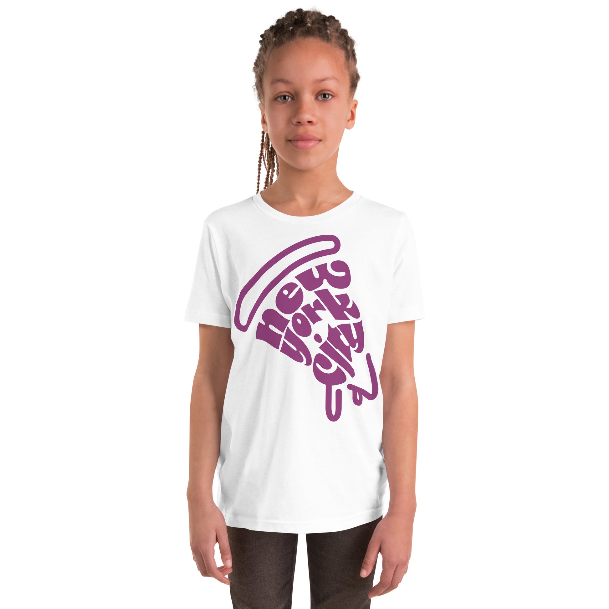 New York City Pizza Slice Purple White Unisex kids tshirt - girls. City Crawl Adventures.