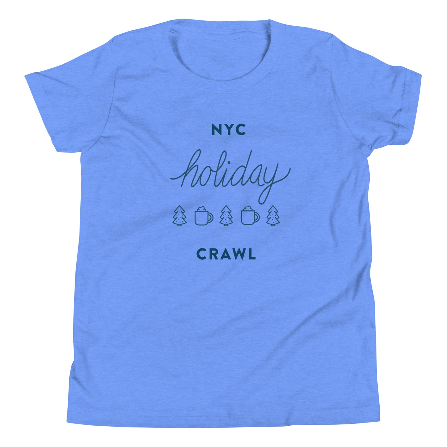 NYC holiday crawl Blue Unisex kids tshirt - flat lay. City Crawl Adventures.