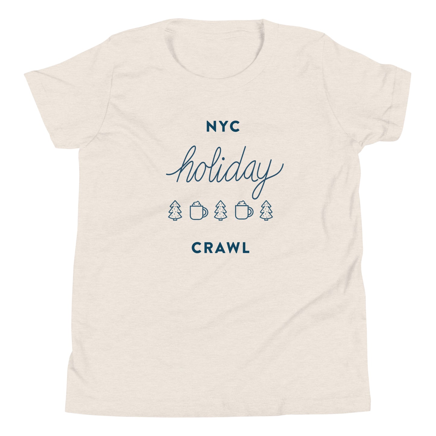 NYC holiday crawl Heather Dust Unisex kids tshirt - flat lay. City Crawl Adventures