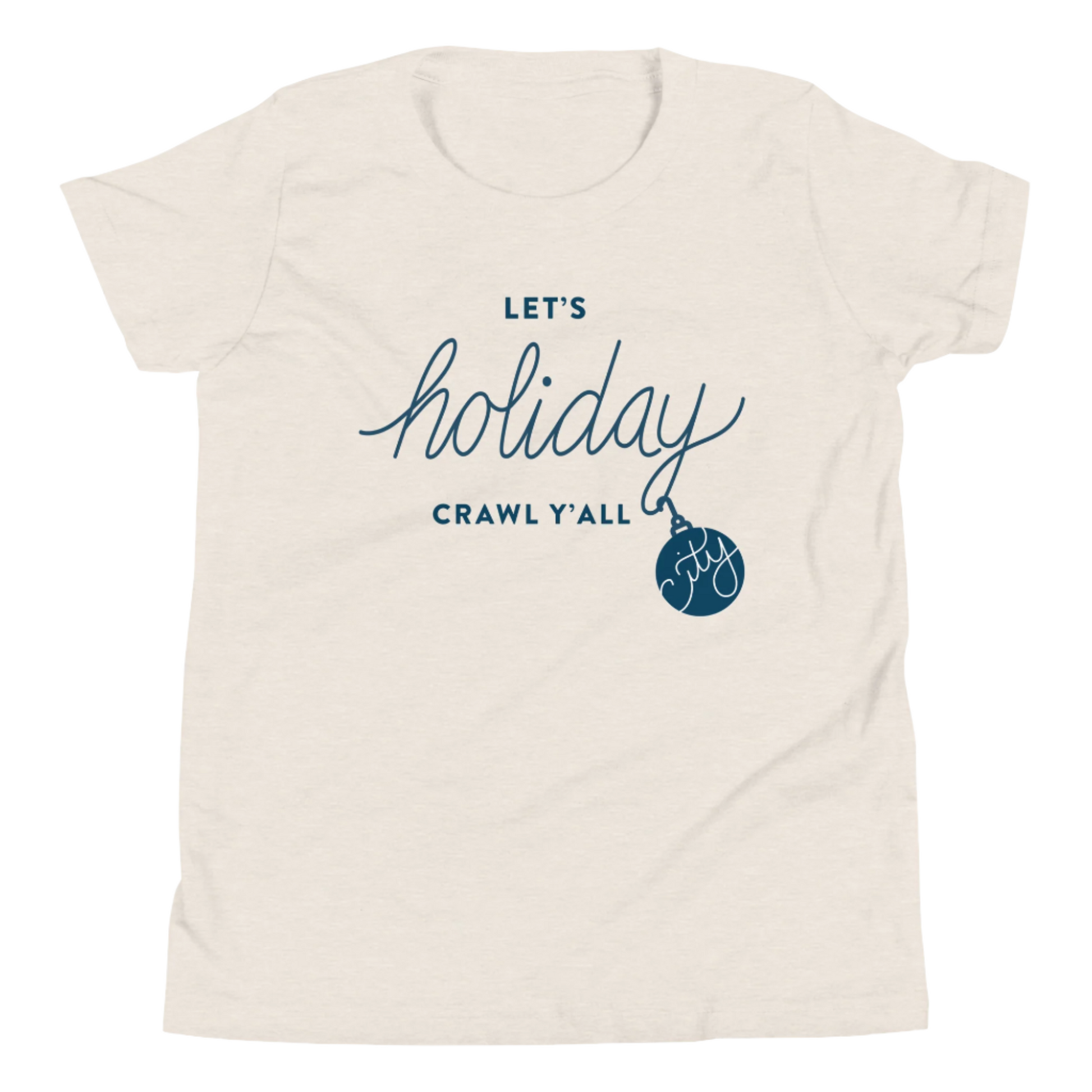 Let's holiday crawl y'all Heather Dust Unisex kids tshirt - flat lay. City Crawl Adventures.