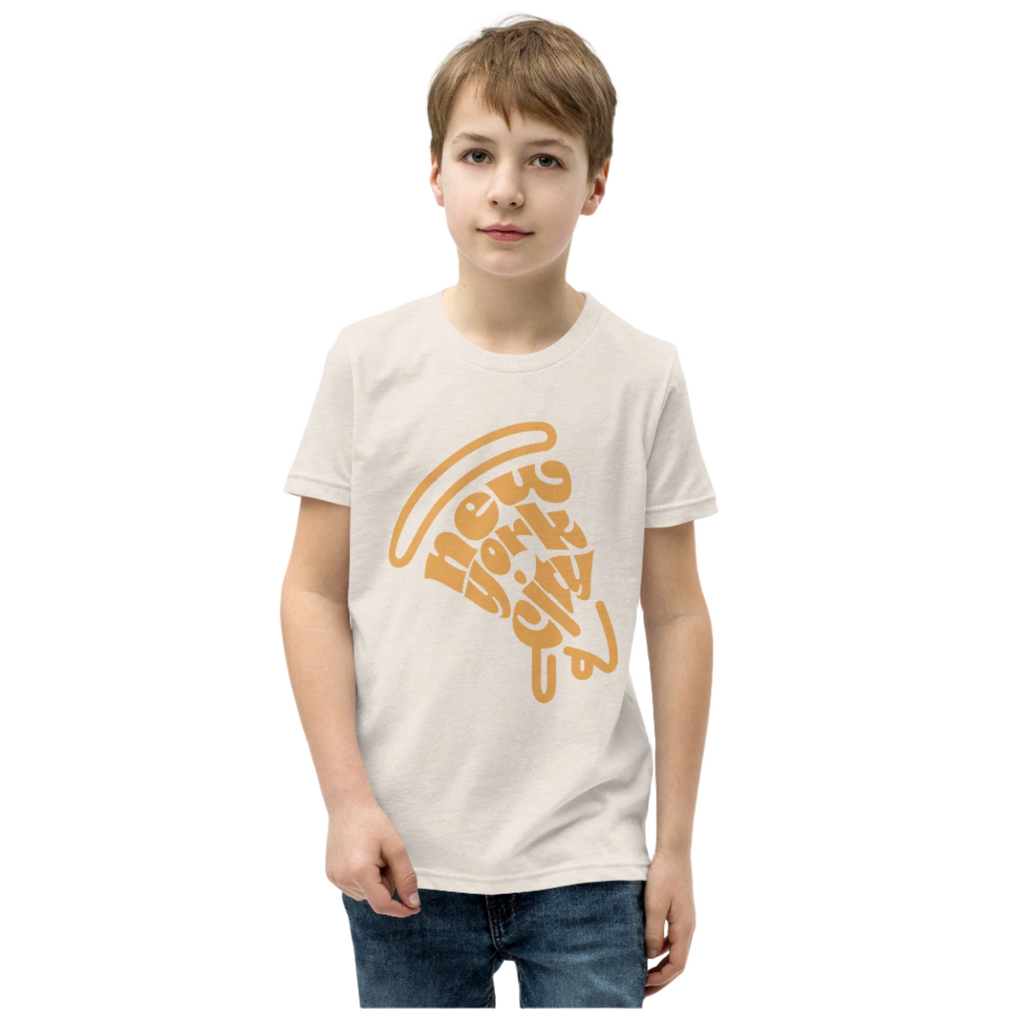 New York City Pizza Slice Orange Heather Dust Unisex kids tshirt - boys. City Crawl Adventures.