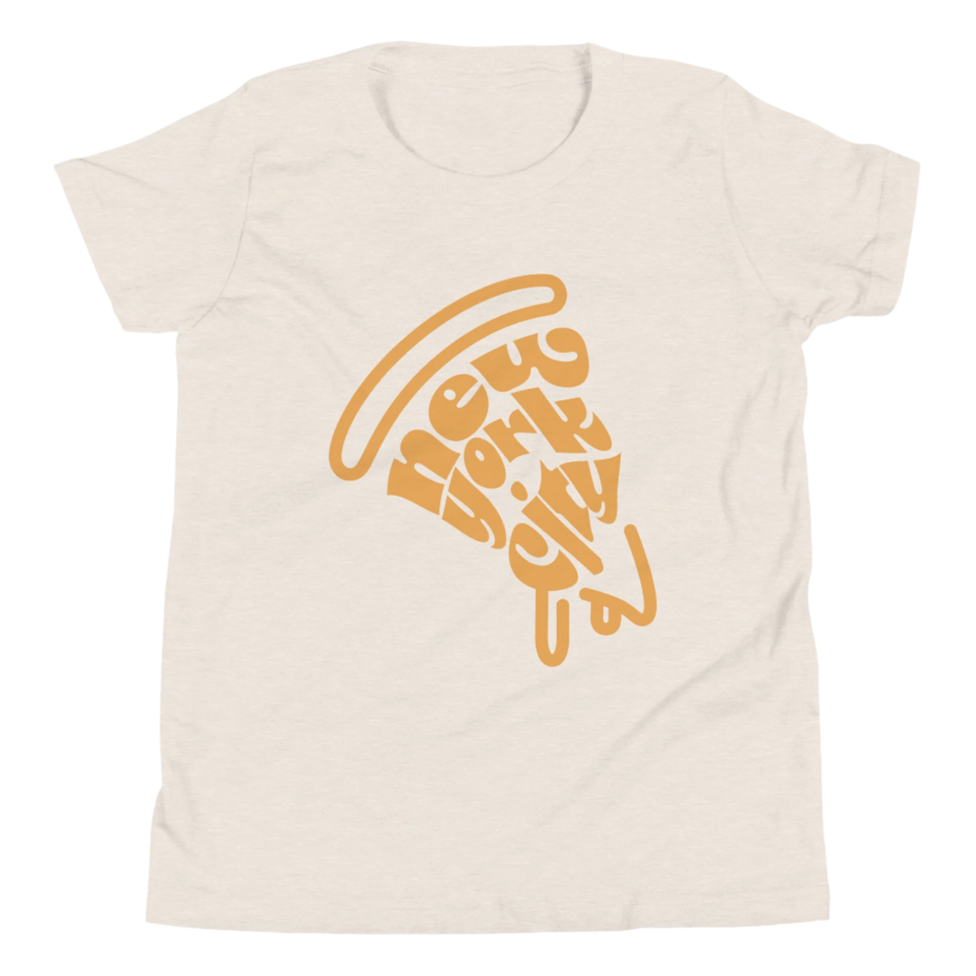 New York City Pizza Slice Orange Heather Dust Unisex kids tshirt - flat lay. City Crawl Adventures.