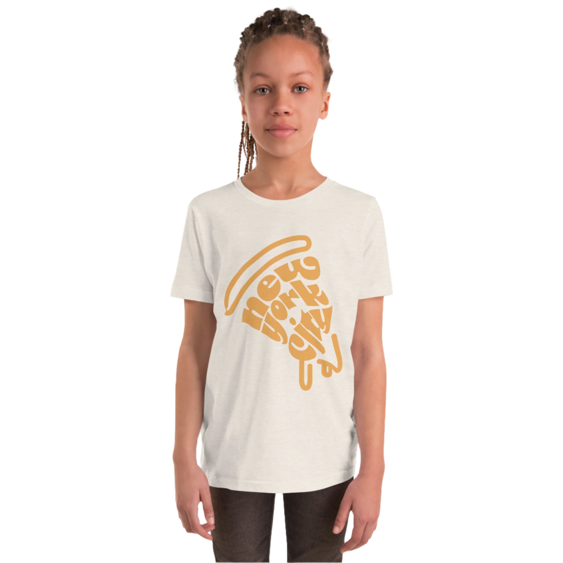 New York City Pizza Slice Orange Heather Dust Unisex kids tshirt - girls. City Crawl Adventures.