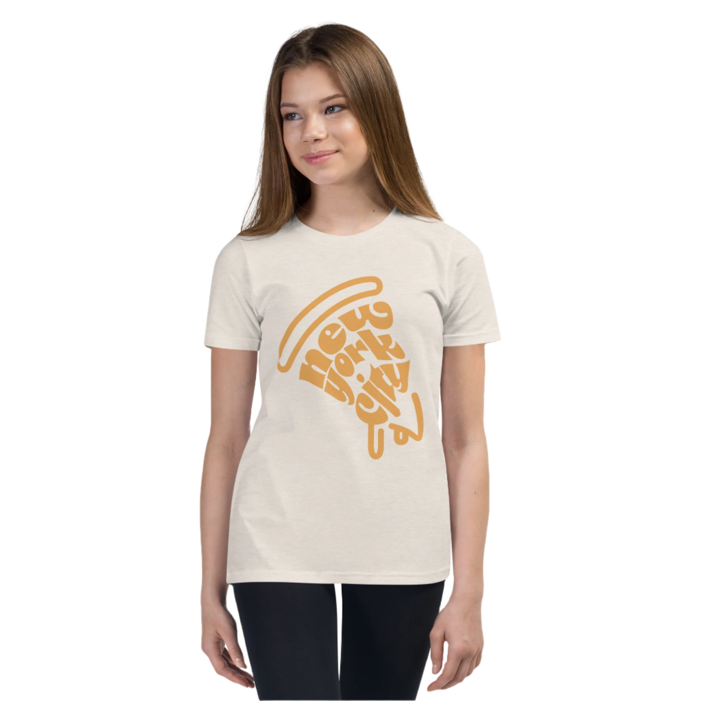 New York City Pizza Slice Orange Heather Dust Unisex kids tshirt - girls. City Crawl Adventures.