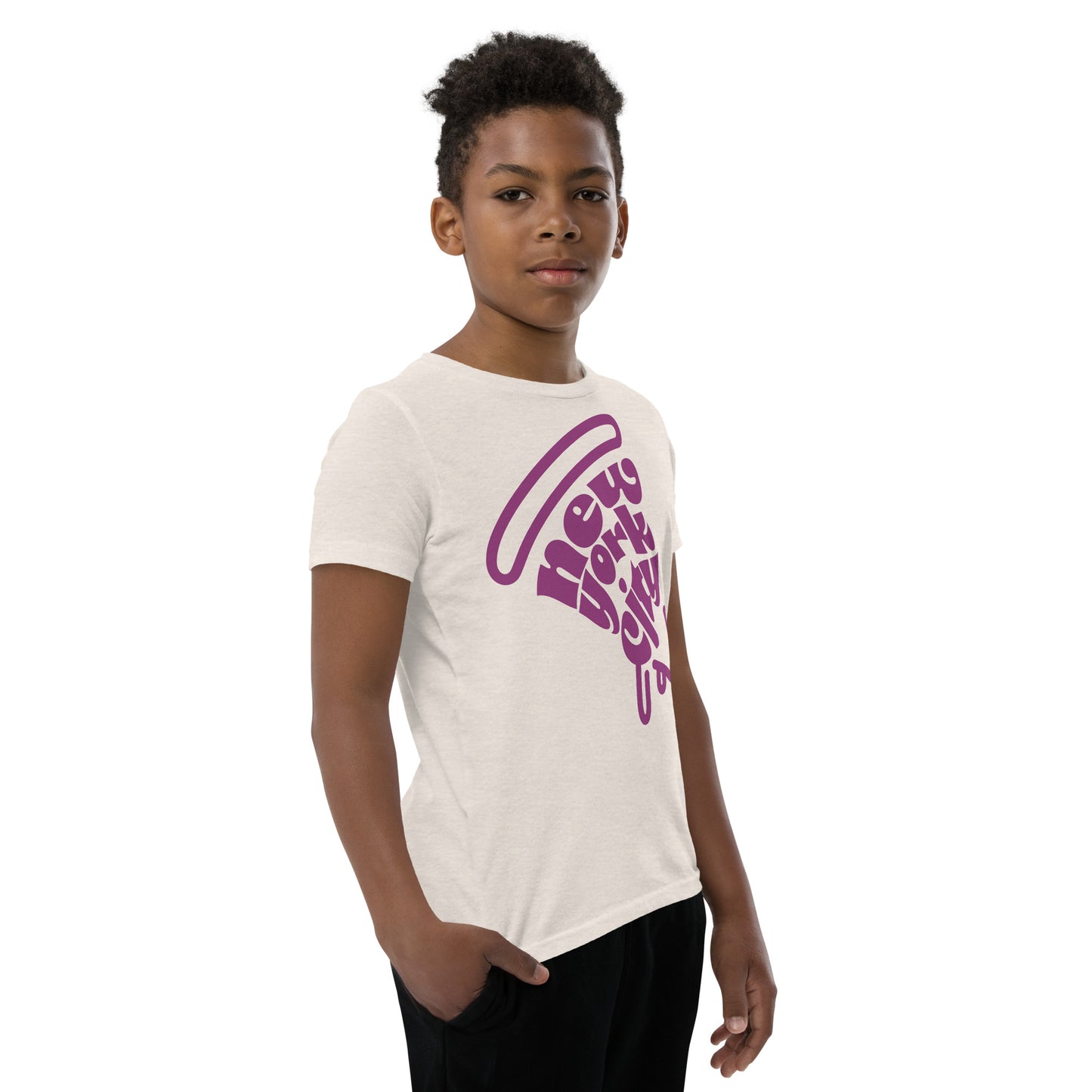 New York City Pizza Slice Purple Heather Dust Unisex kids tshirt - boys. City Crawl Adventures.