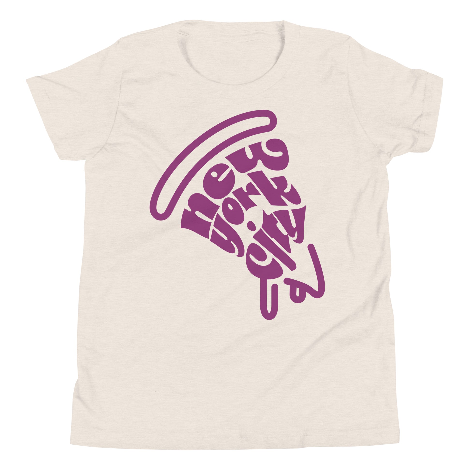 New York City Pizza Slice Purple Heather Dust Unisex kids tshirt - flat lay. City Crawl Adventures.